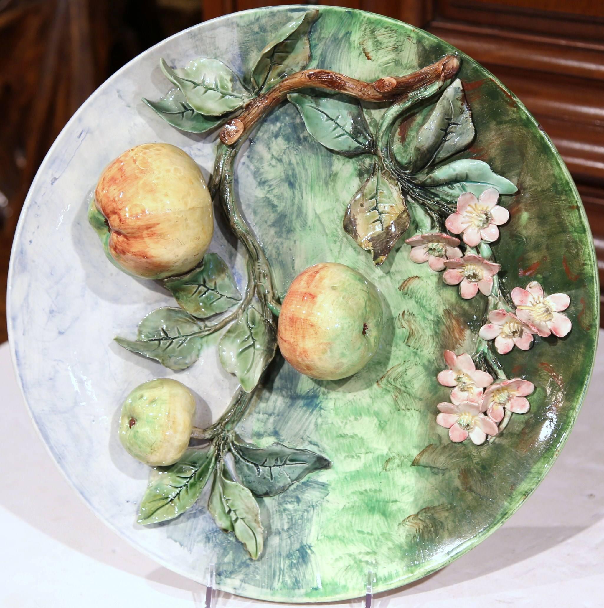 19th Century French Barbotine Ceramic Wall Platter with Apples Signed Longchamp In Excellent Condition In Dallas, TX