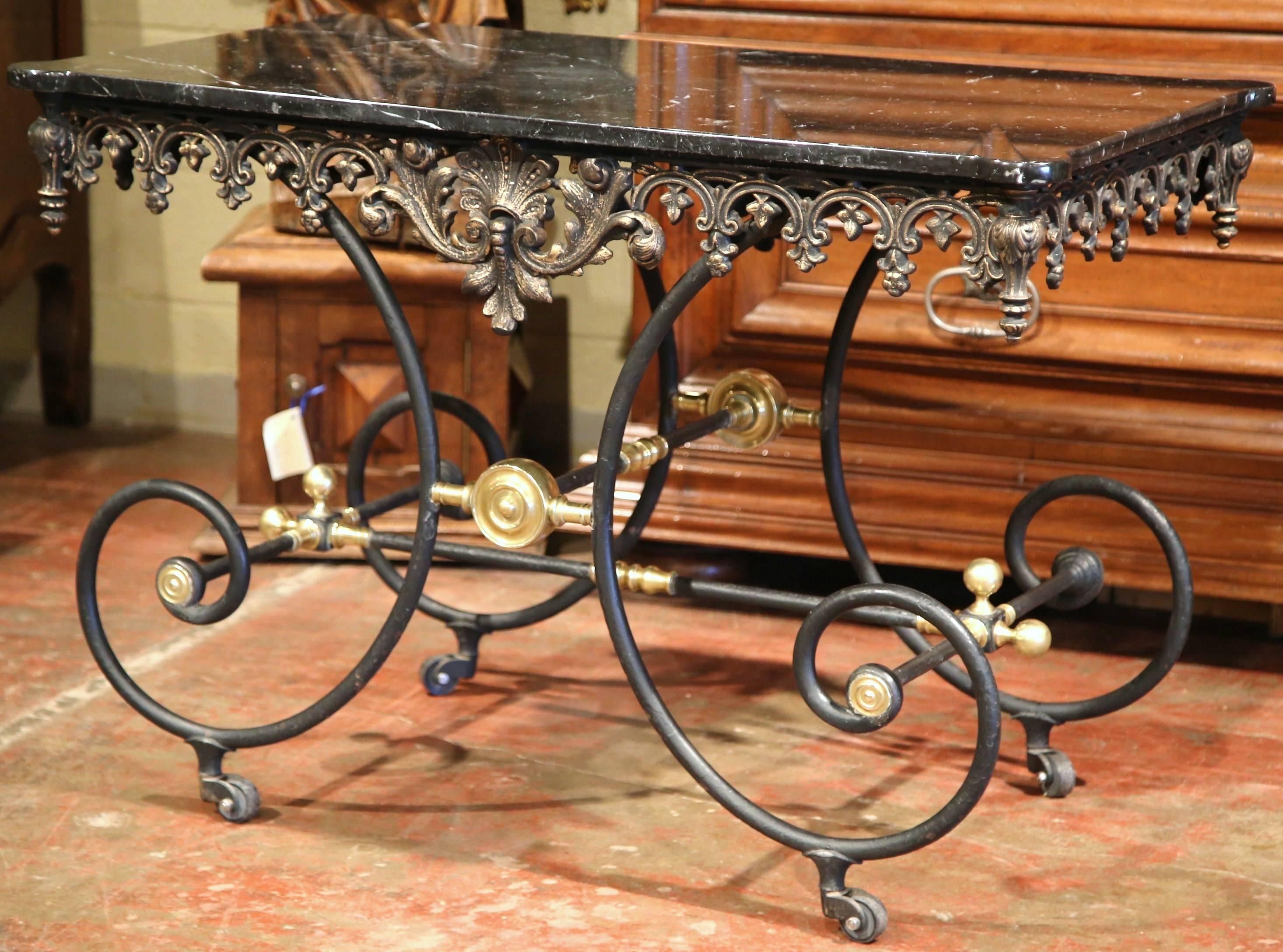 Hand-Carved Mid-20th Century French Iron Butcher Pastry Table on Wheels with Black Marble