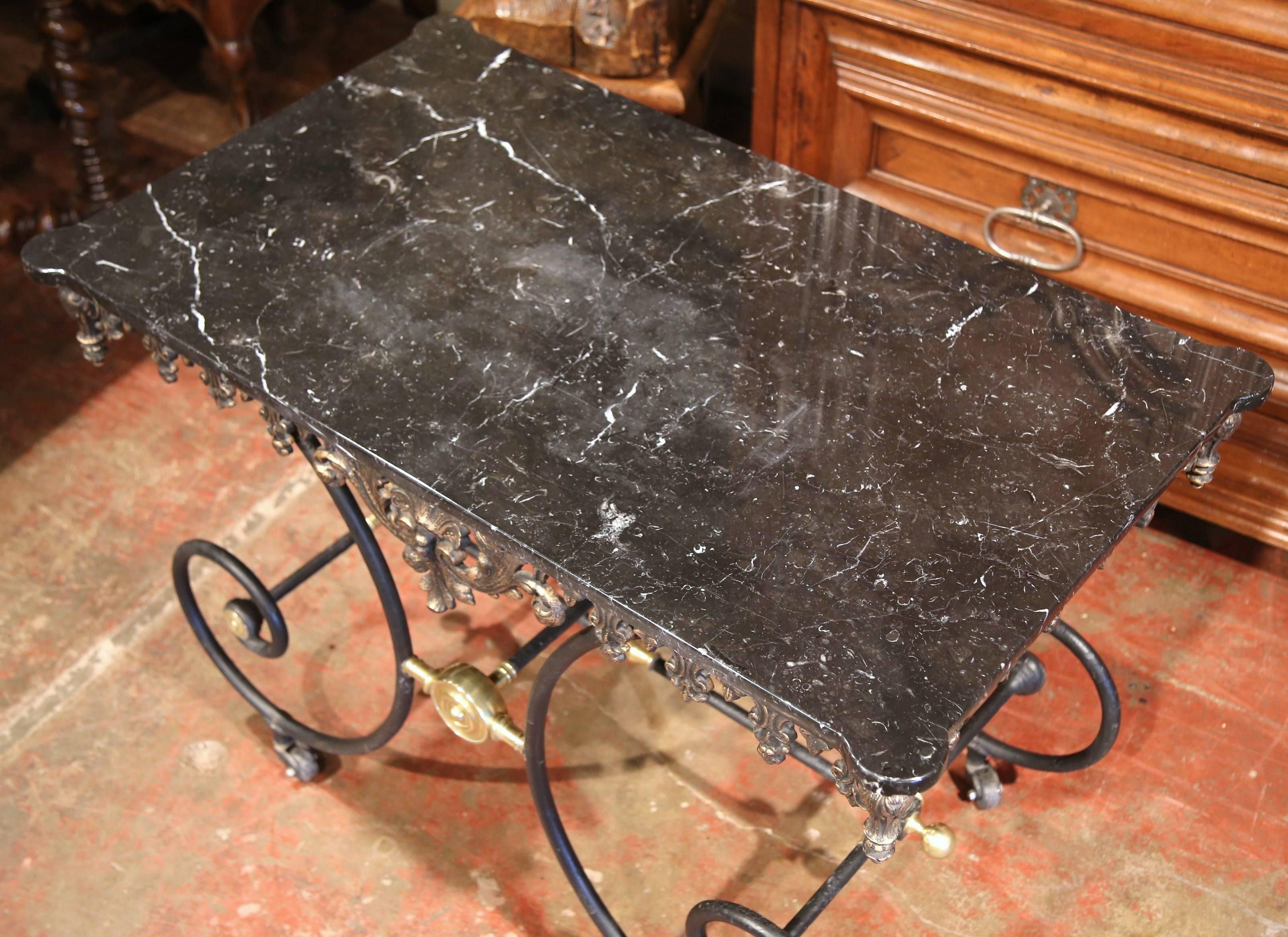 Mid-20th Century French Iron Butcher Pastry Table on Wheels with Black Marble In Excellent Condition In Dallas, TX