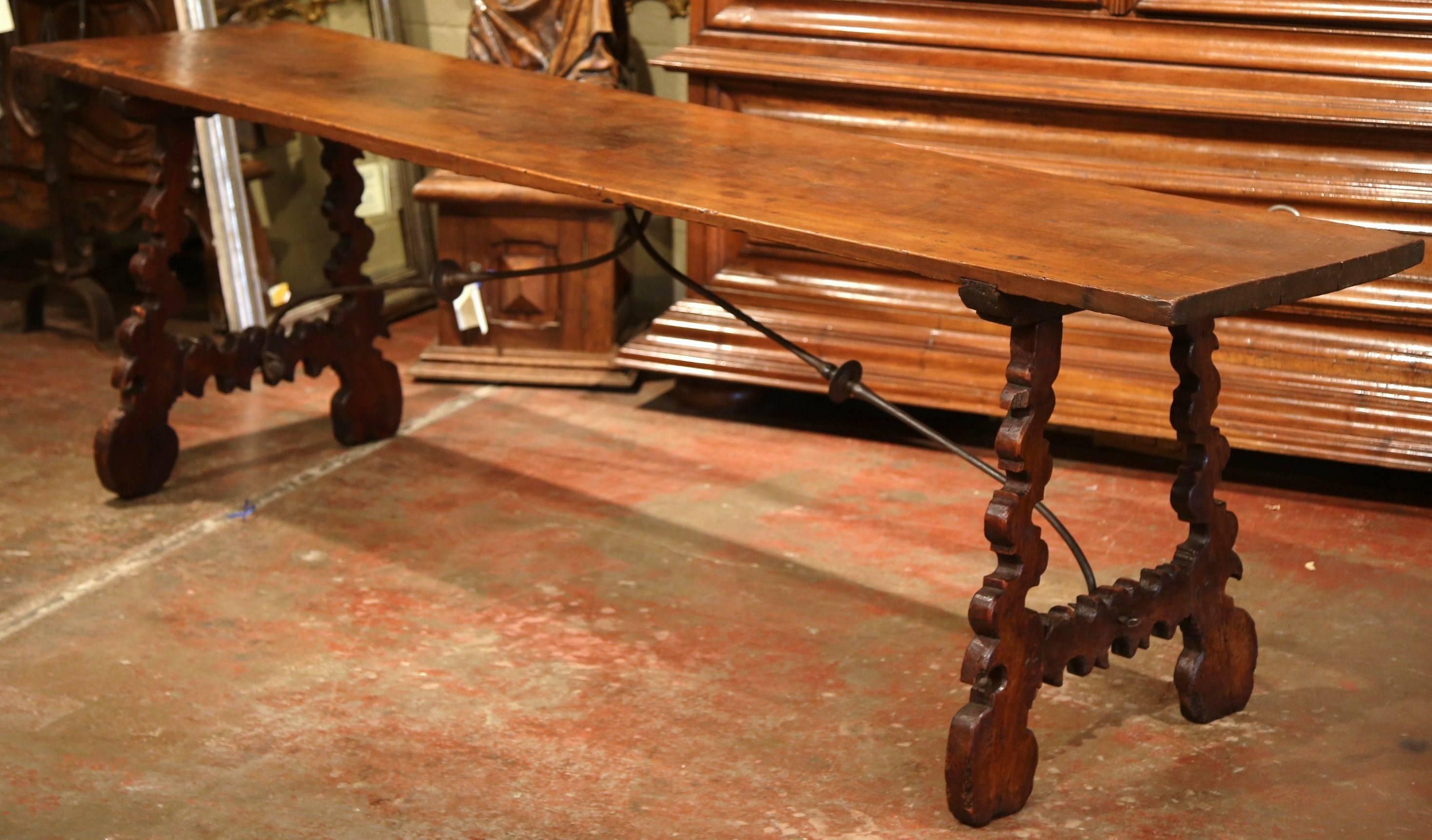 18th Century Spanish Carved Chestnut Console Table with Wrought Iron Stretcher 1