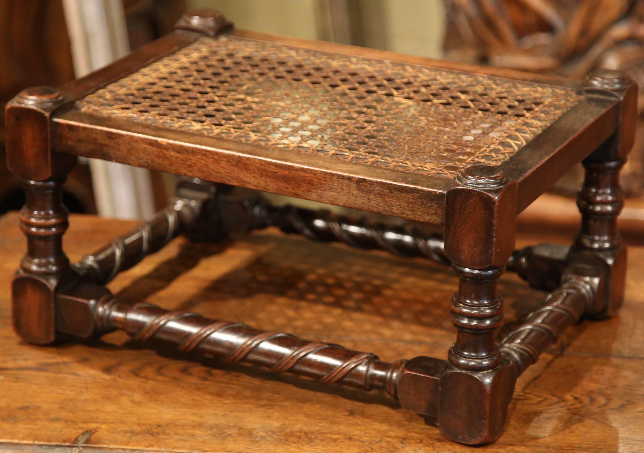 19th Century French Louis XIII Walnut Turned Legs Footstool with Cane Top In Excellent Condition In Dallas, TX