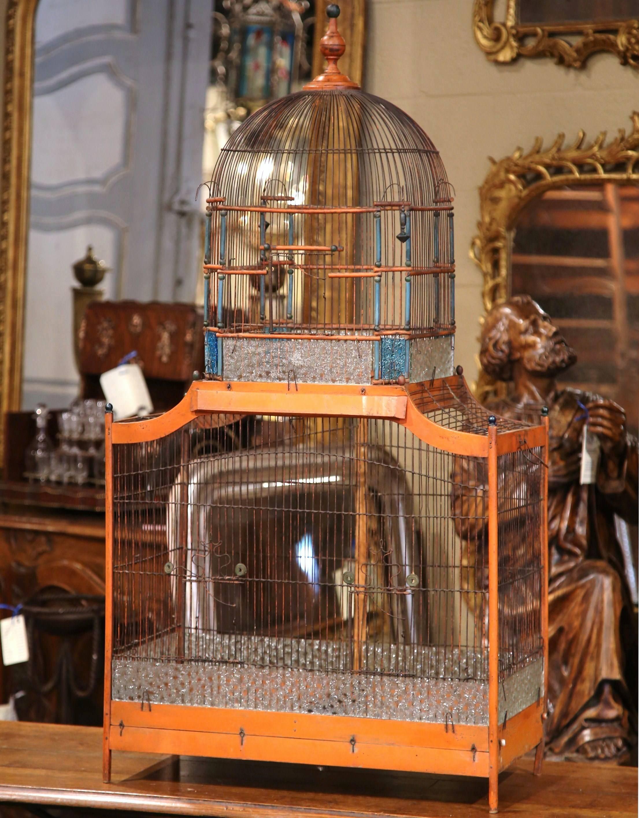 Glass Large 19th Century French Hand-Painted Carved and Wired Birdcage with Dome Top