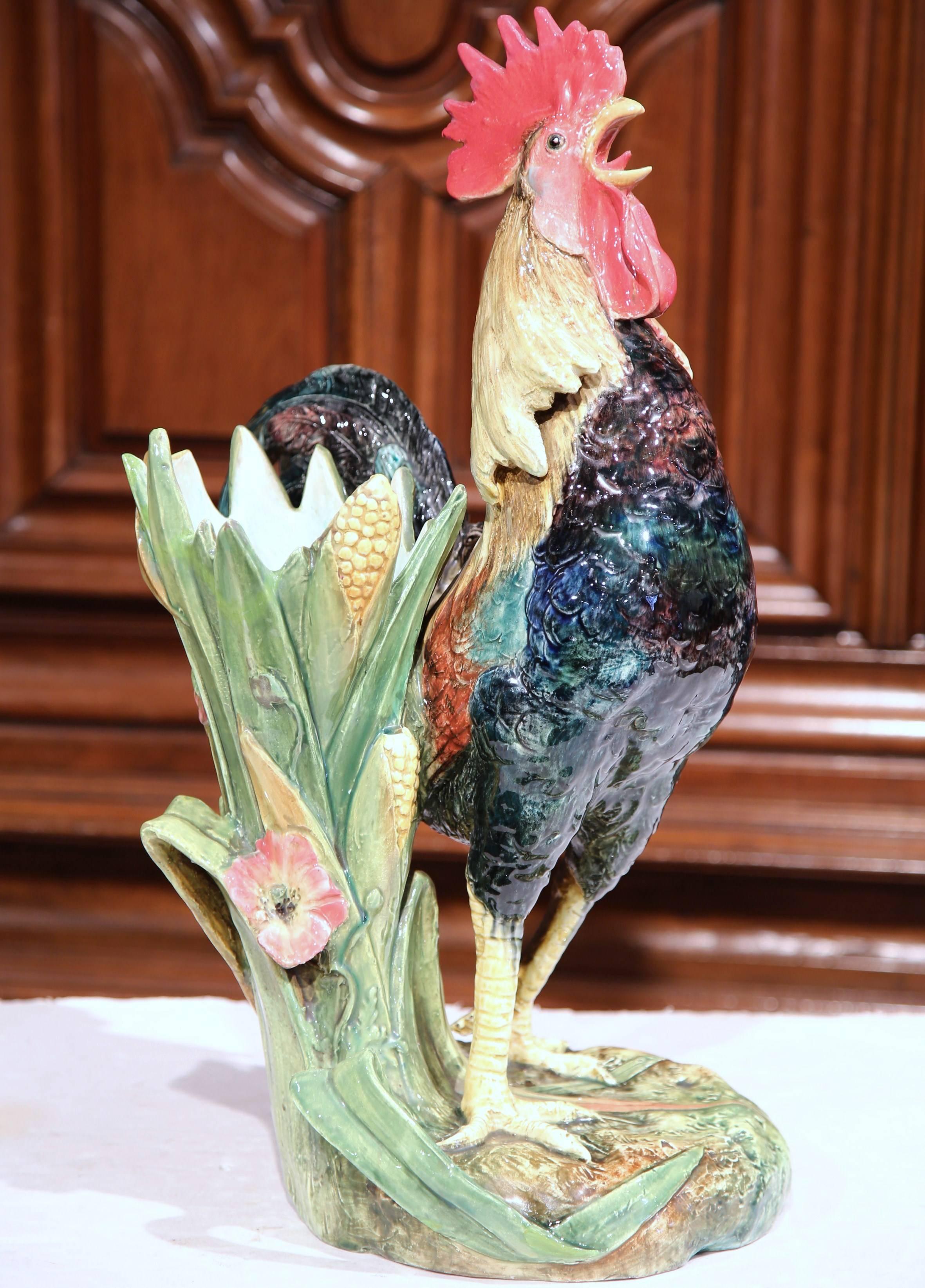 Majolica Large 19th Century French Painted Barbotine Rooster Vase Signed Delphin Massier