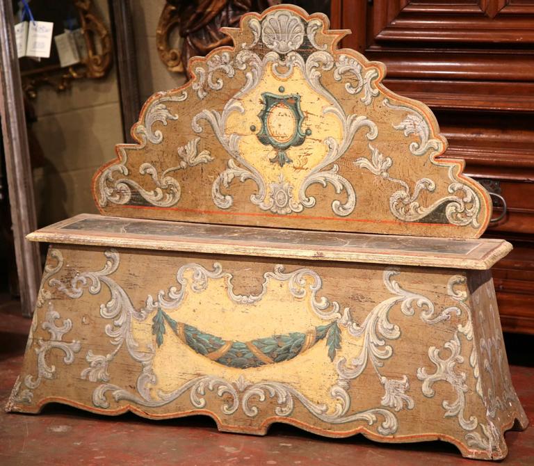 Small 19th Century Italian Carved Hand-Painted Bench Trunk with Back at ...