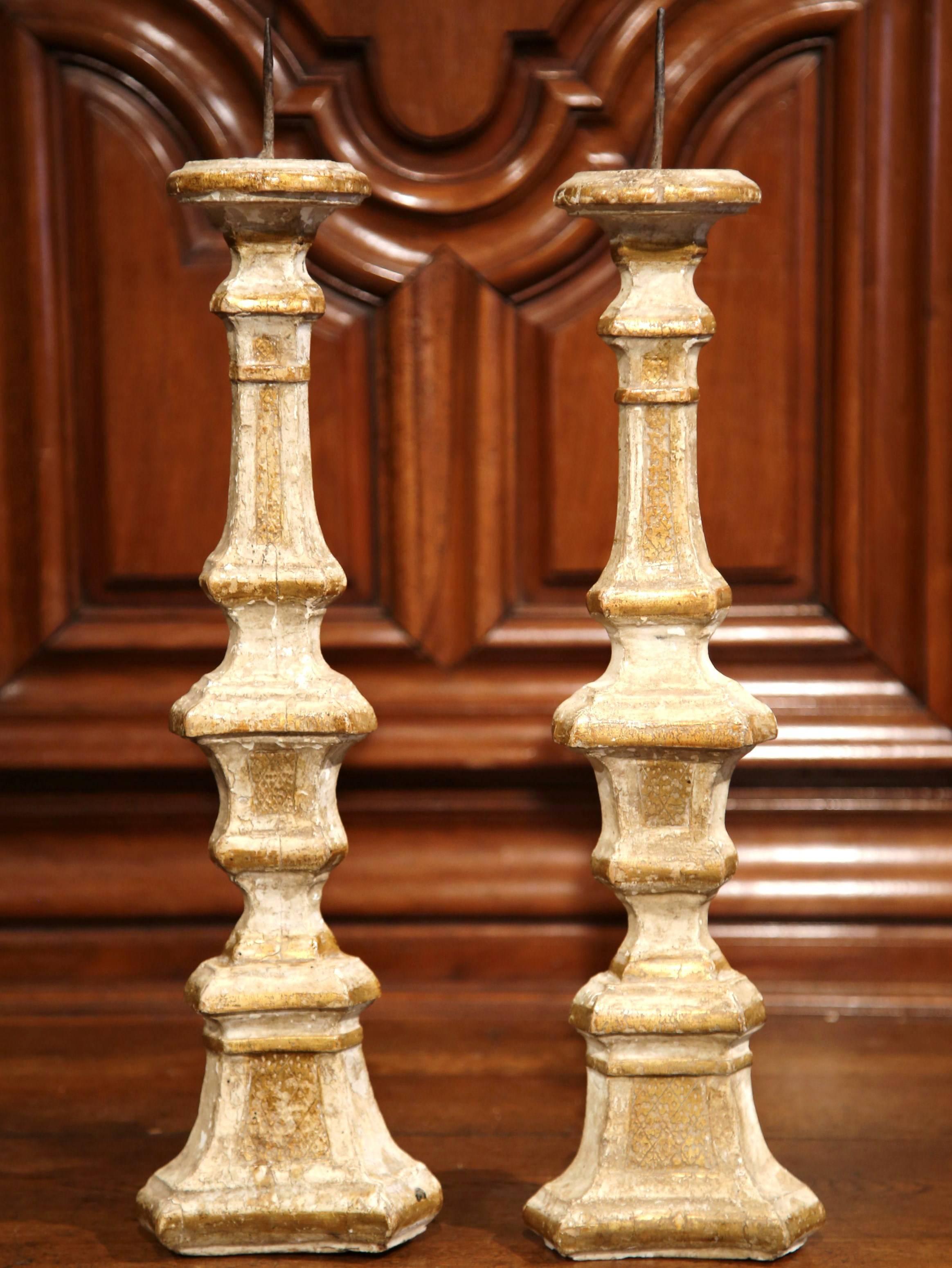 Pair of 19th Century French Carved and Gilt Altar Sticks with Engraving Decor 2