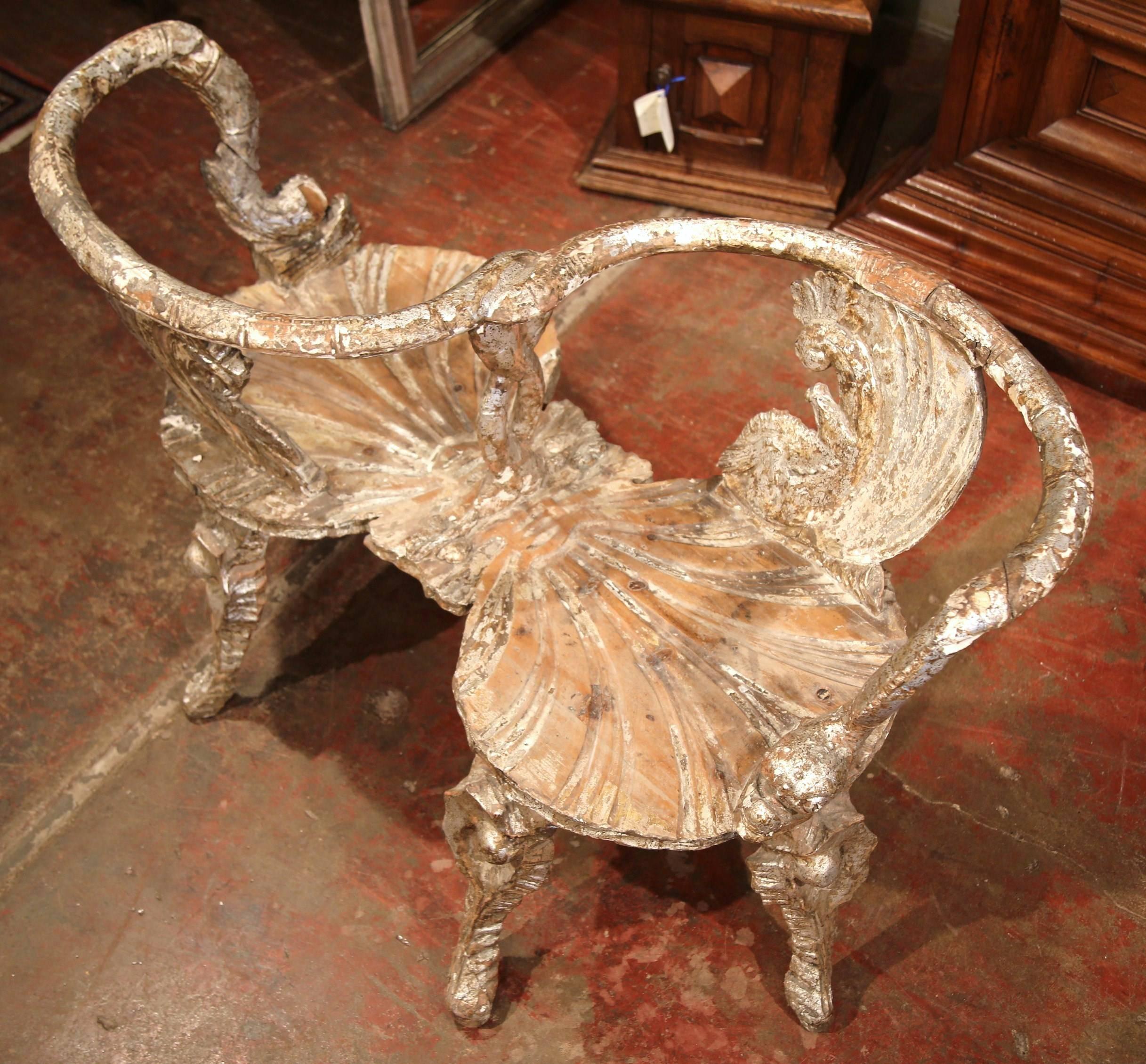 Hand-Carved 18th Century Italian Carved and Painted Grotto Confident Courting Chair