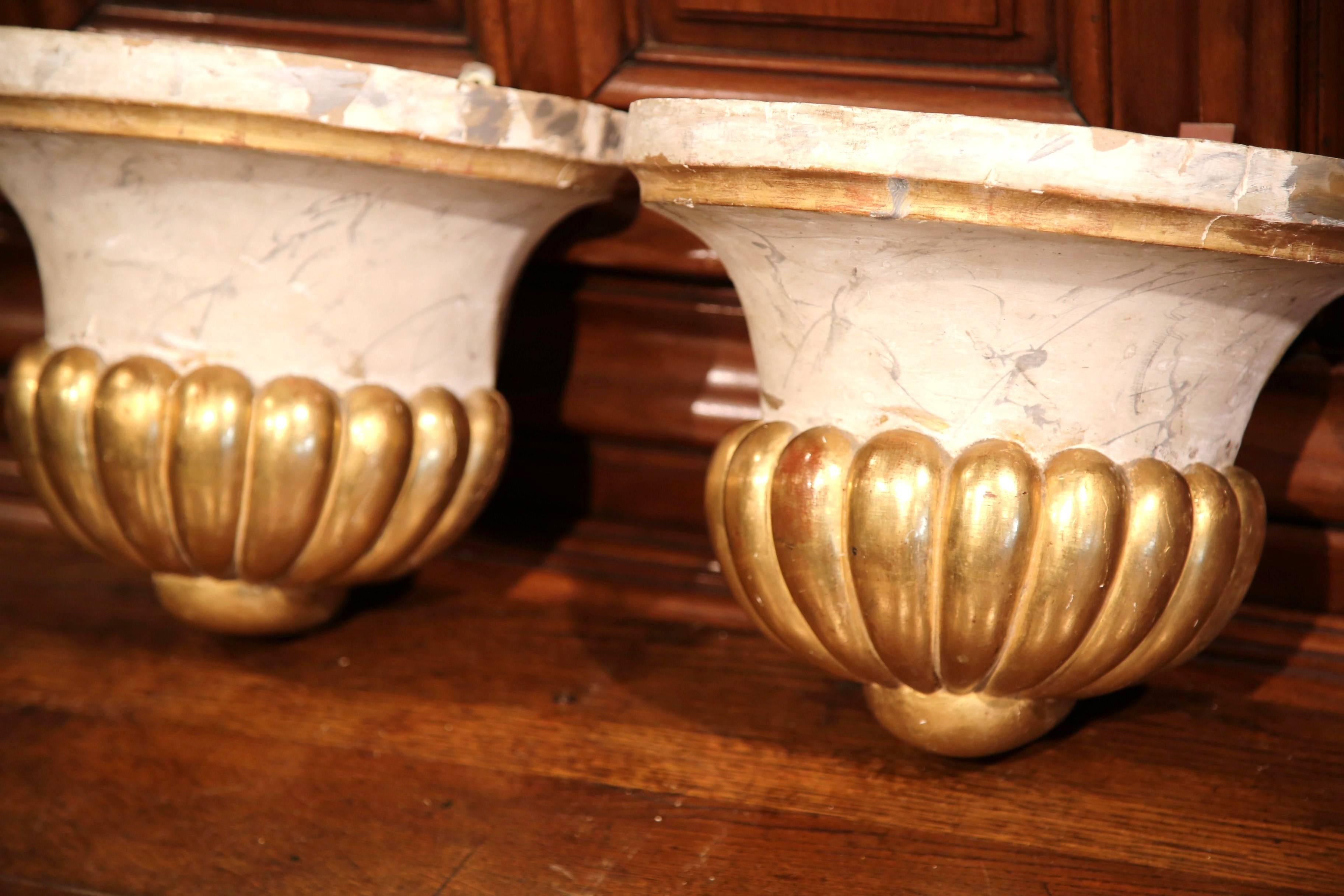 Gold Leaf Pair of Early 19th Century French Carved Painted and Gilt Wall Corbels