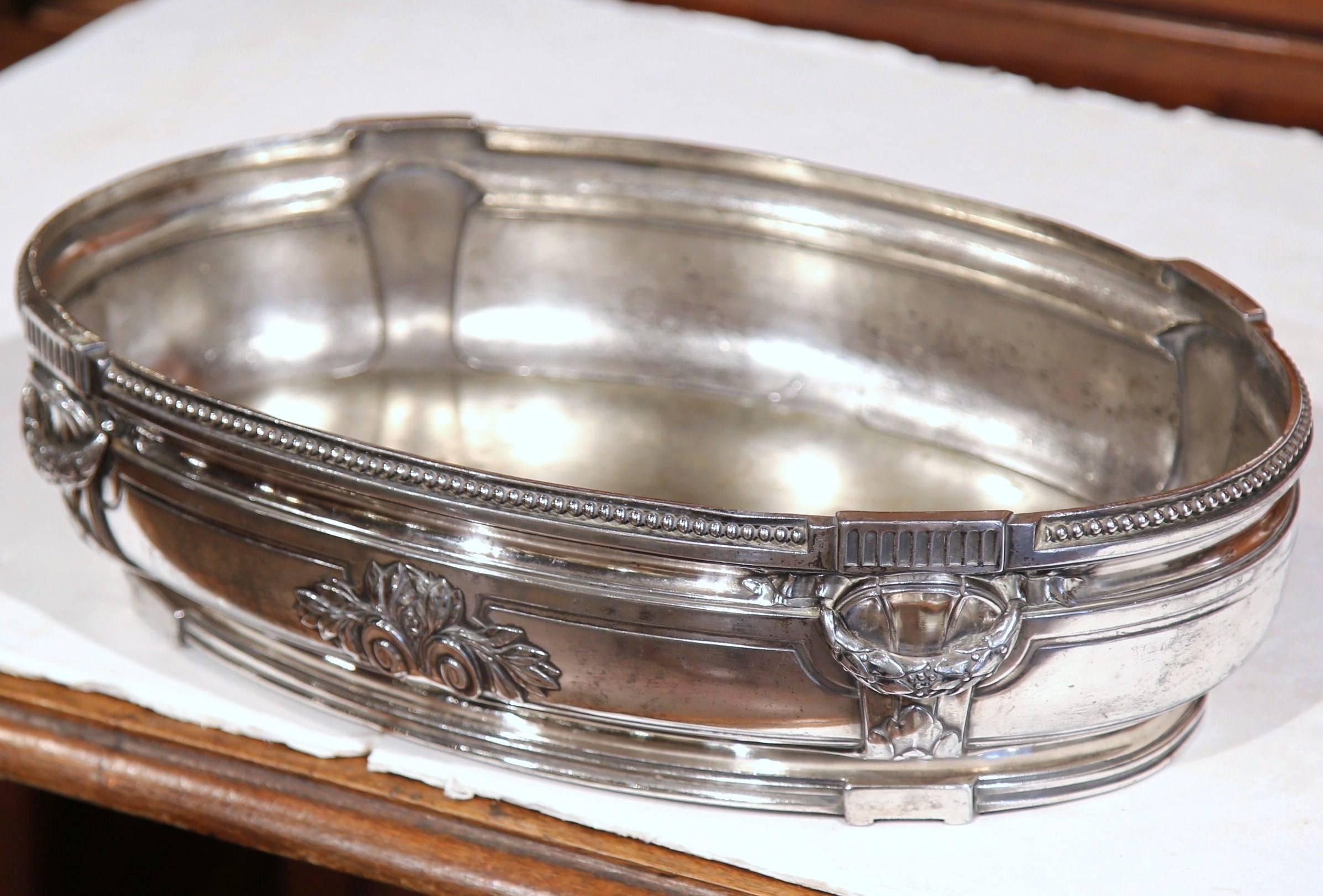 19th Century French Louis XVI Silver Plated Oval Jardinière with Repousse Decor 3