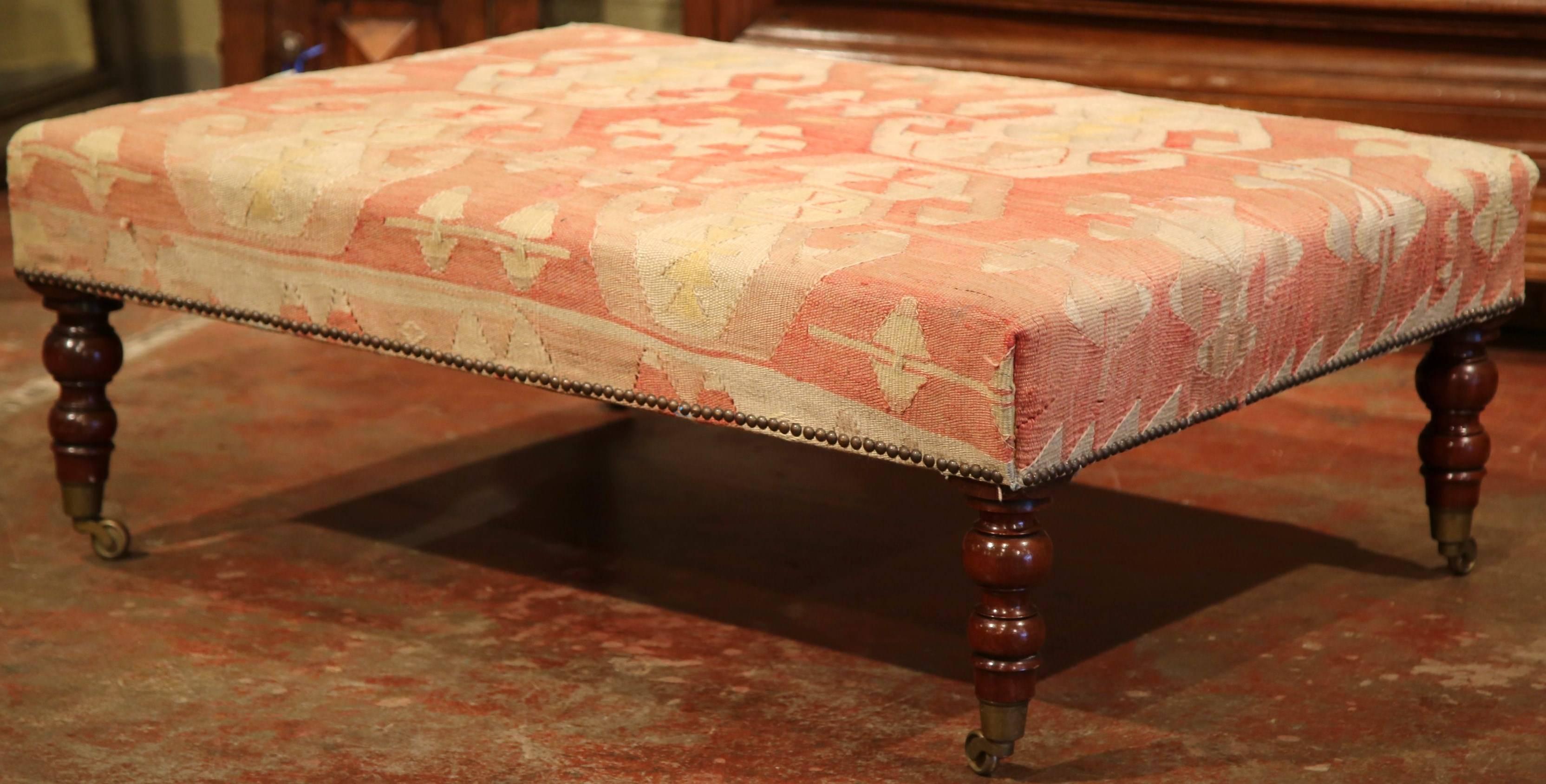 Large 19th Century, French, Louis Philippe Walnut Ottoman with Kilim Tapestry In Excellent Condition In Dallas, TX