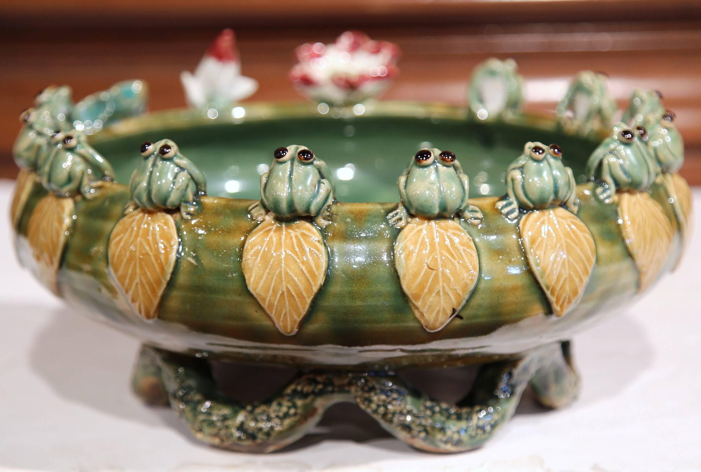 Hand-Crafted French Hand-Painted Barbotine Dish with Frogs, Flowers and Waterlily