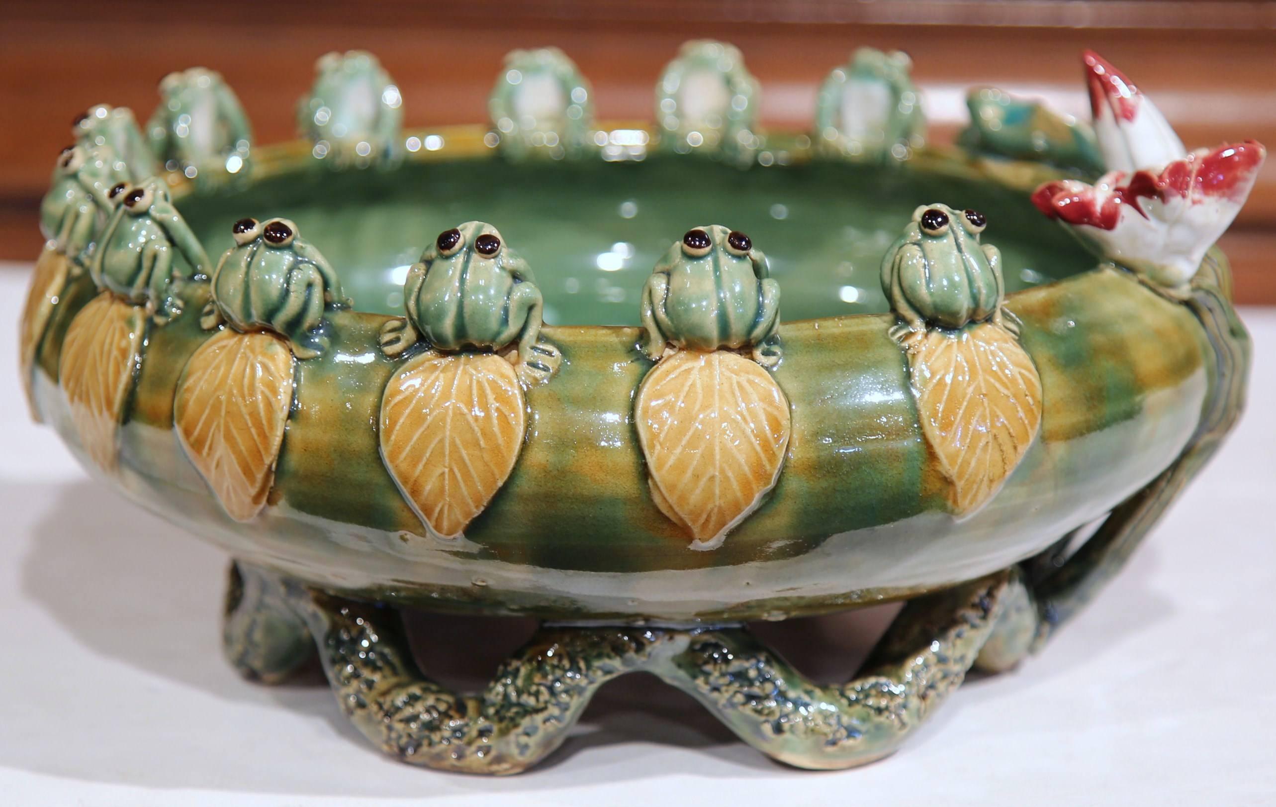 Majolica French Hand-Painted Barbotine Dish with Frogs, Flowers and Waterlily