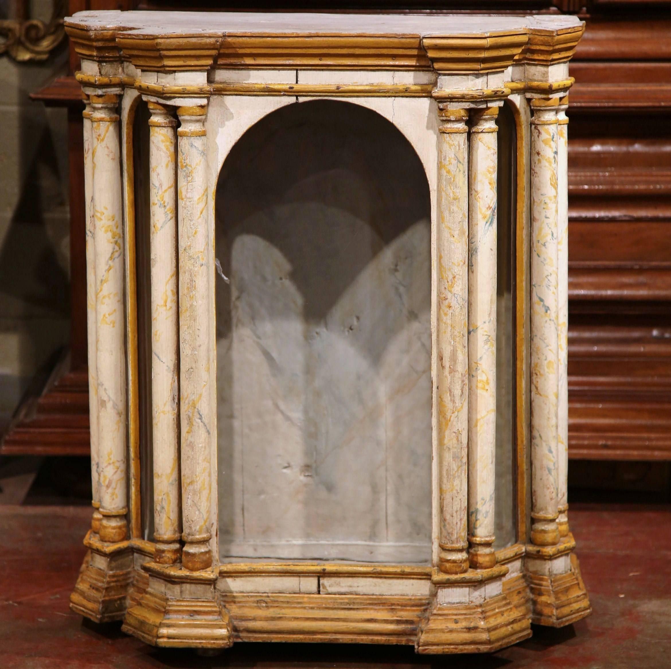 Hand-Carved 18th Century Italian Carved Painted Reliquary Cabinet with Glass Door and Sides