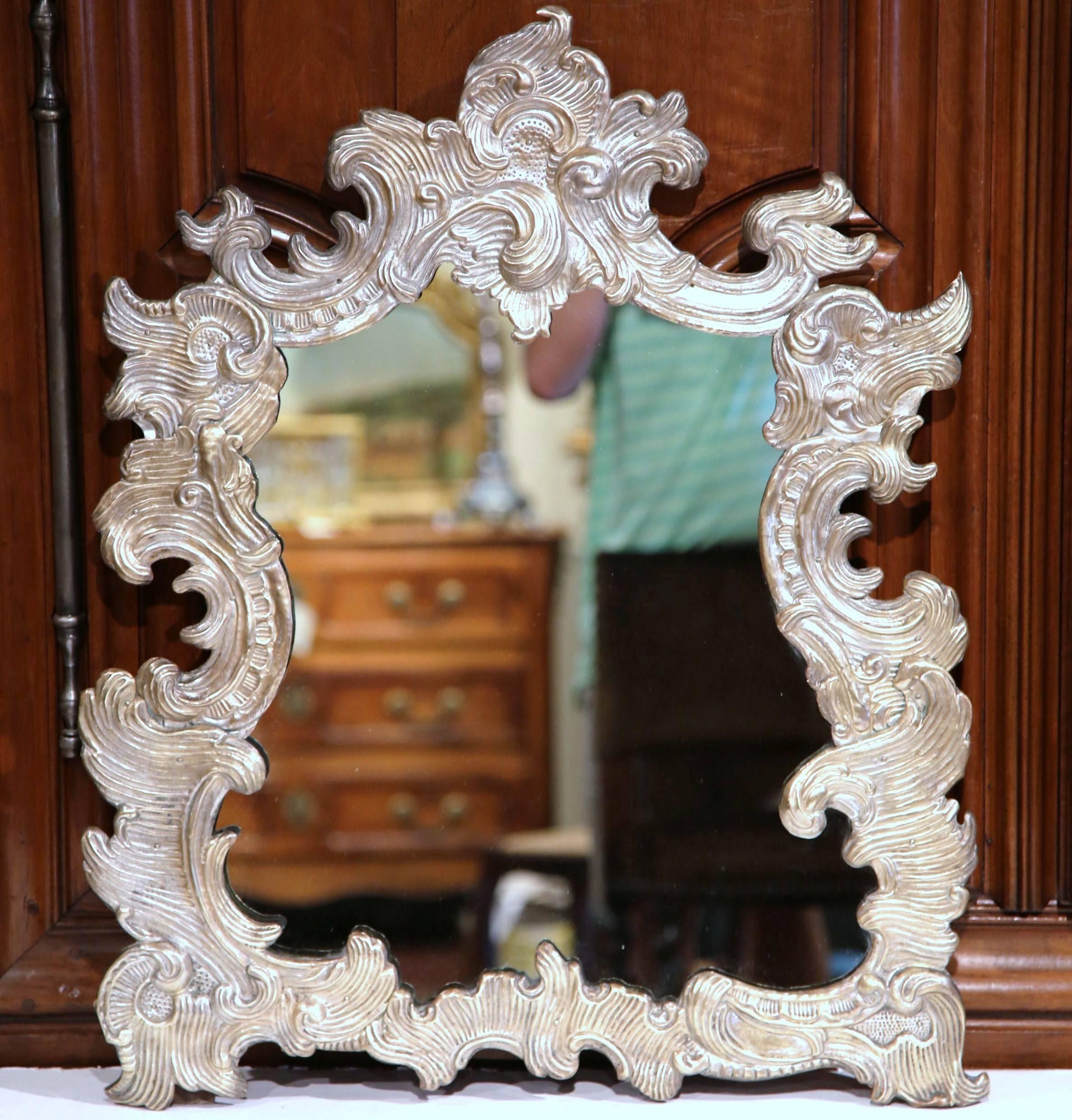 Large 19th Century French Ornate Repousse Silvered Copper Vanity Mirror In Excellent Condition In Dallas, TX