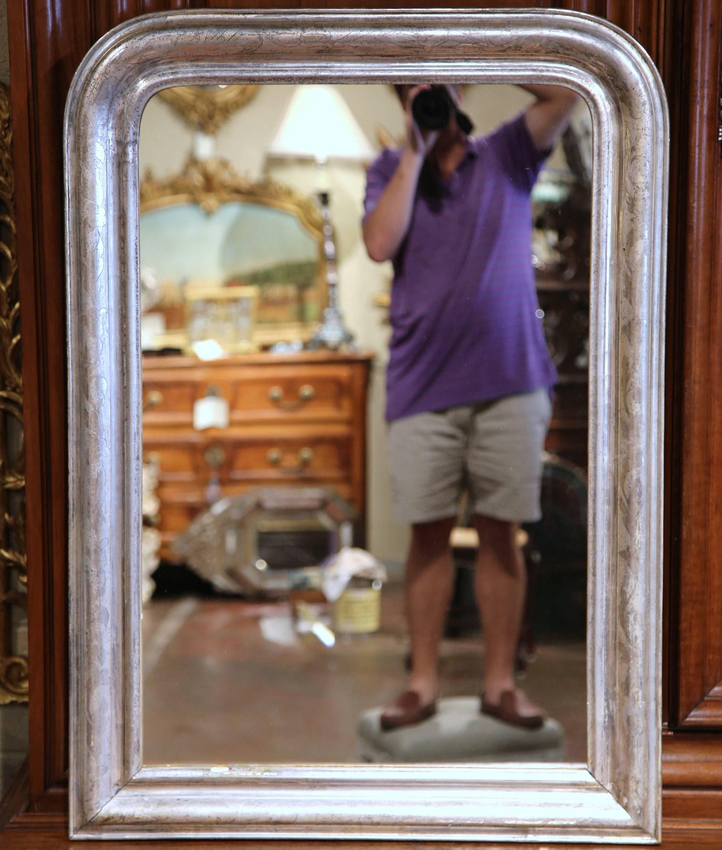 19th Century French Louis Philippe Silver Leaf Wall Mirror with Flower Motif In Excellent Condition In Dallas, TX