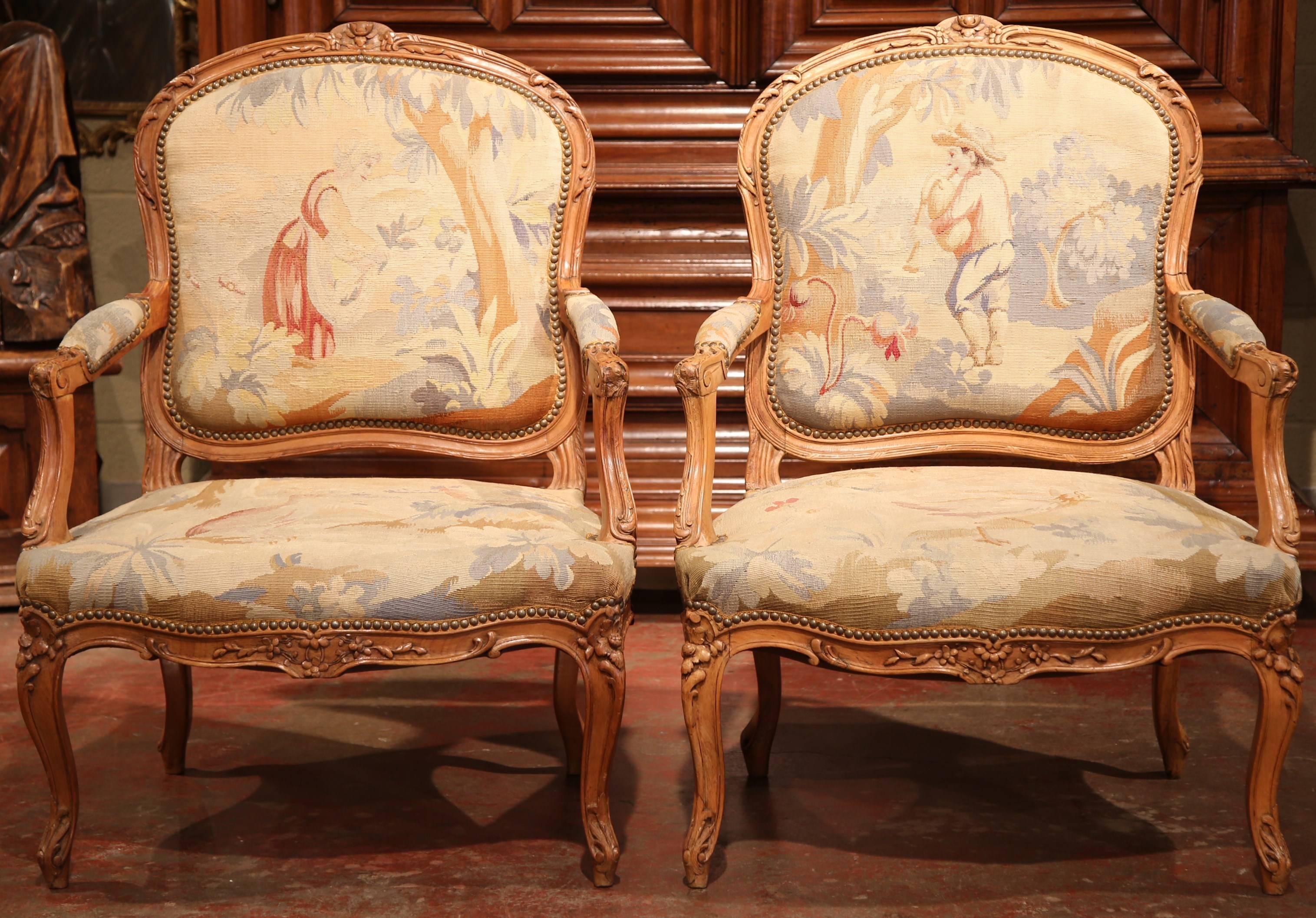 Pair of 19th Century French Louis XV Carved Armchairs with Aubusson Tapestry 6