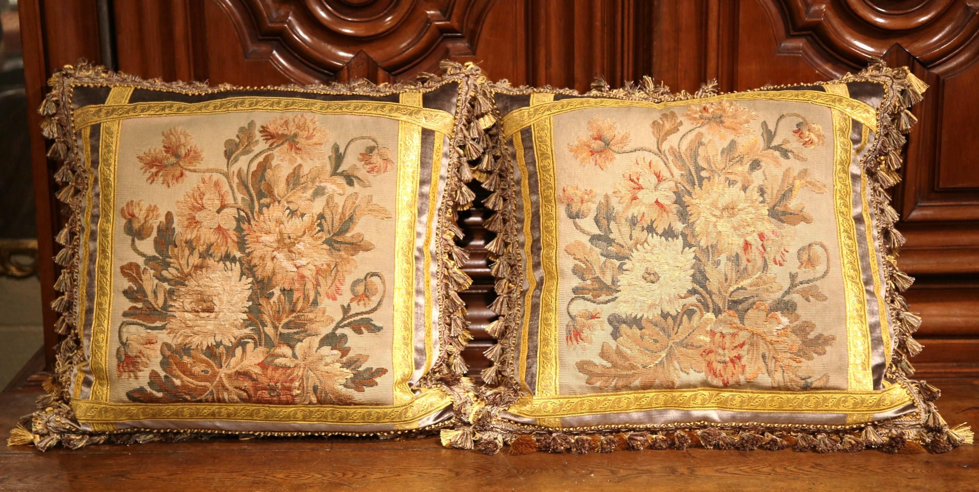 Hand-Crafted Pair of Pillows Made with 18th Century Aubusson Tapestry, Tassels and Gold Trims