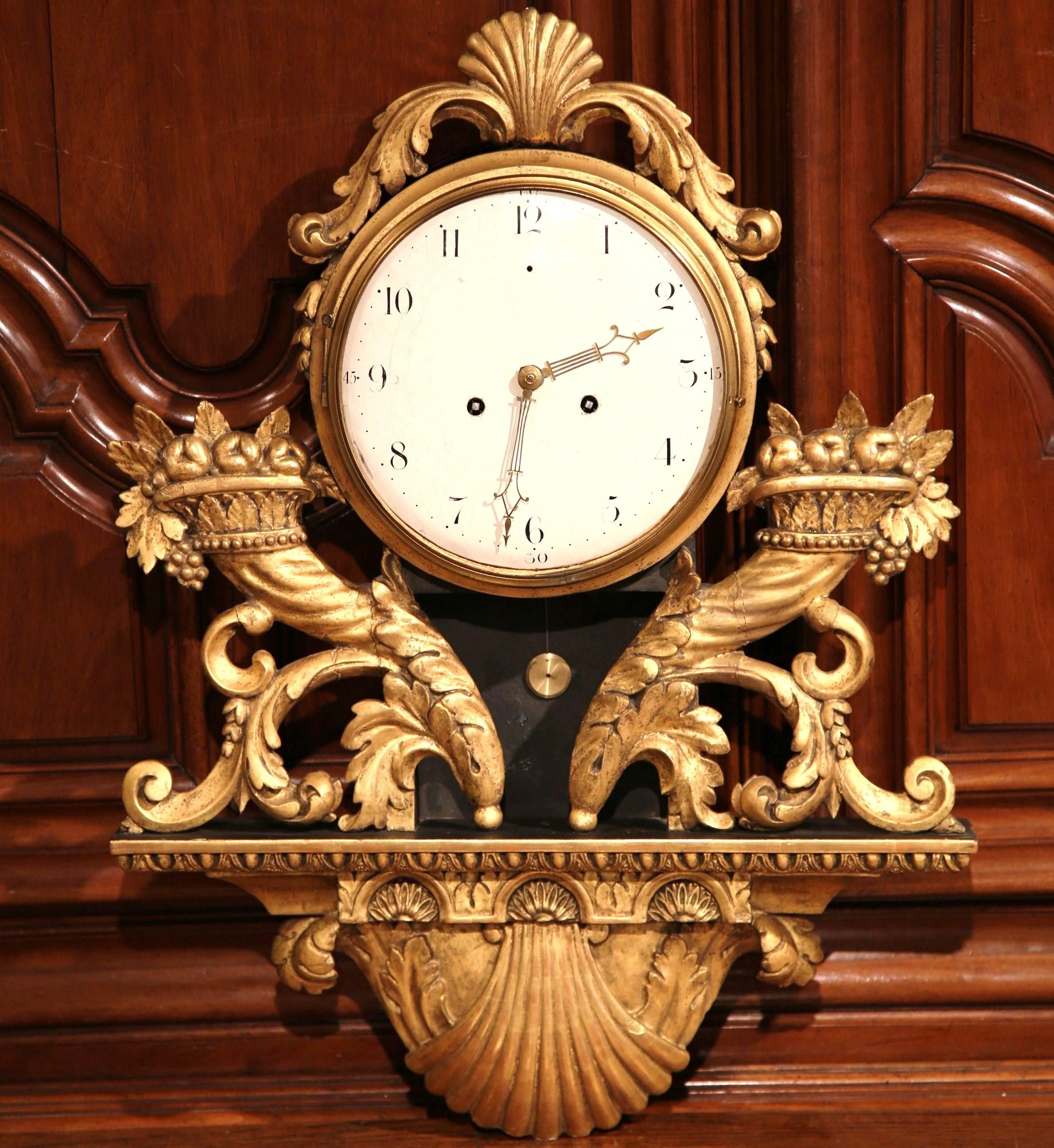 18th Century French Louis XV Carved Giltwood Wall Clock In Excellent Condition In Dallas, TX