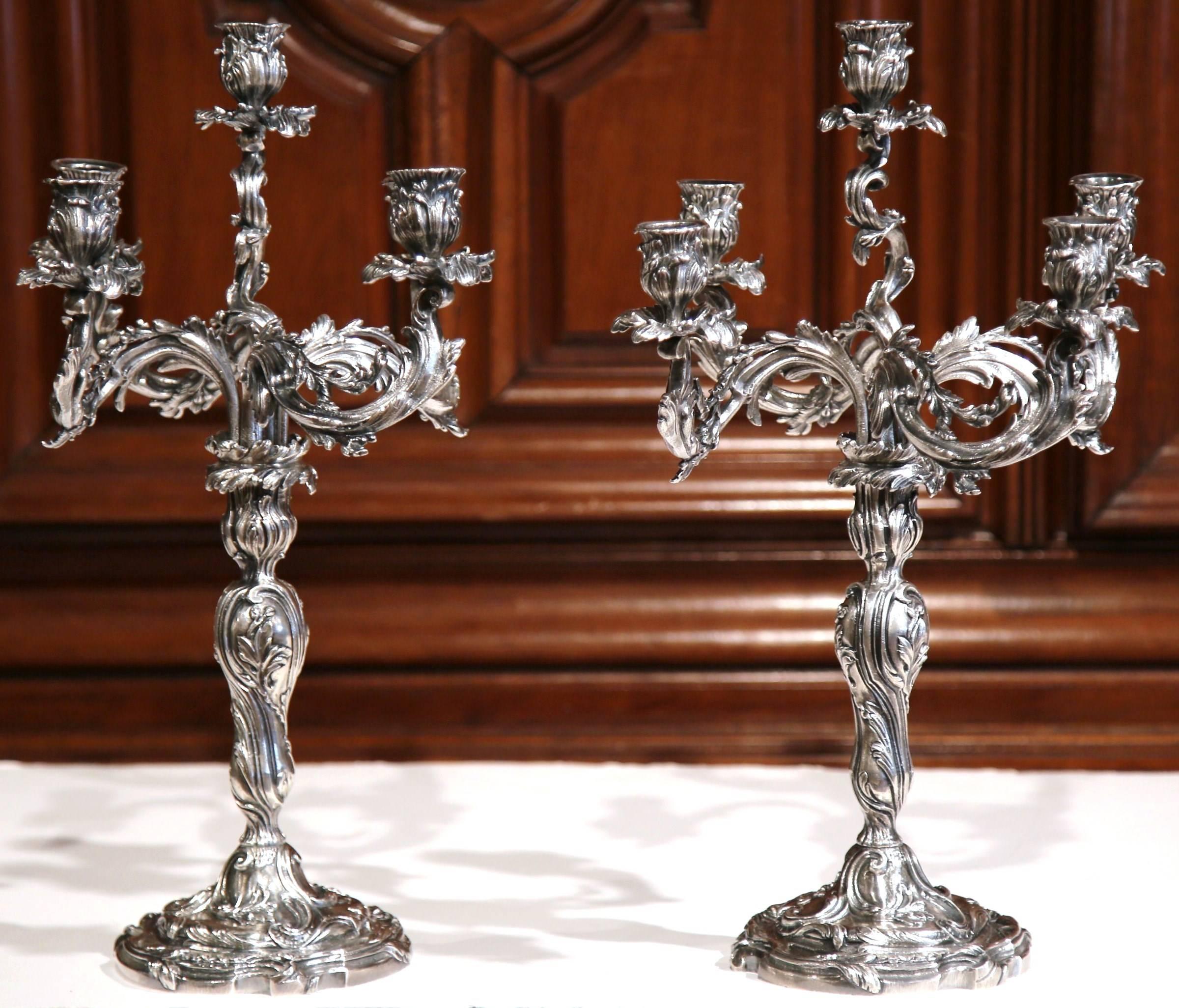 Pair of 19th Century French Louis XV Bronze Silvered Five-Arm Candelabras 1