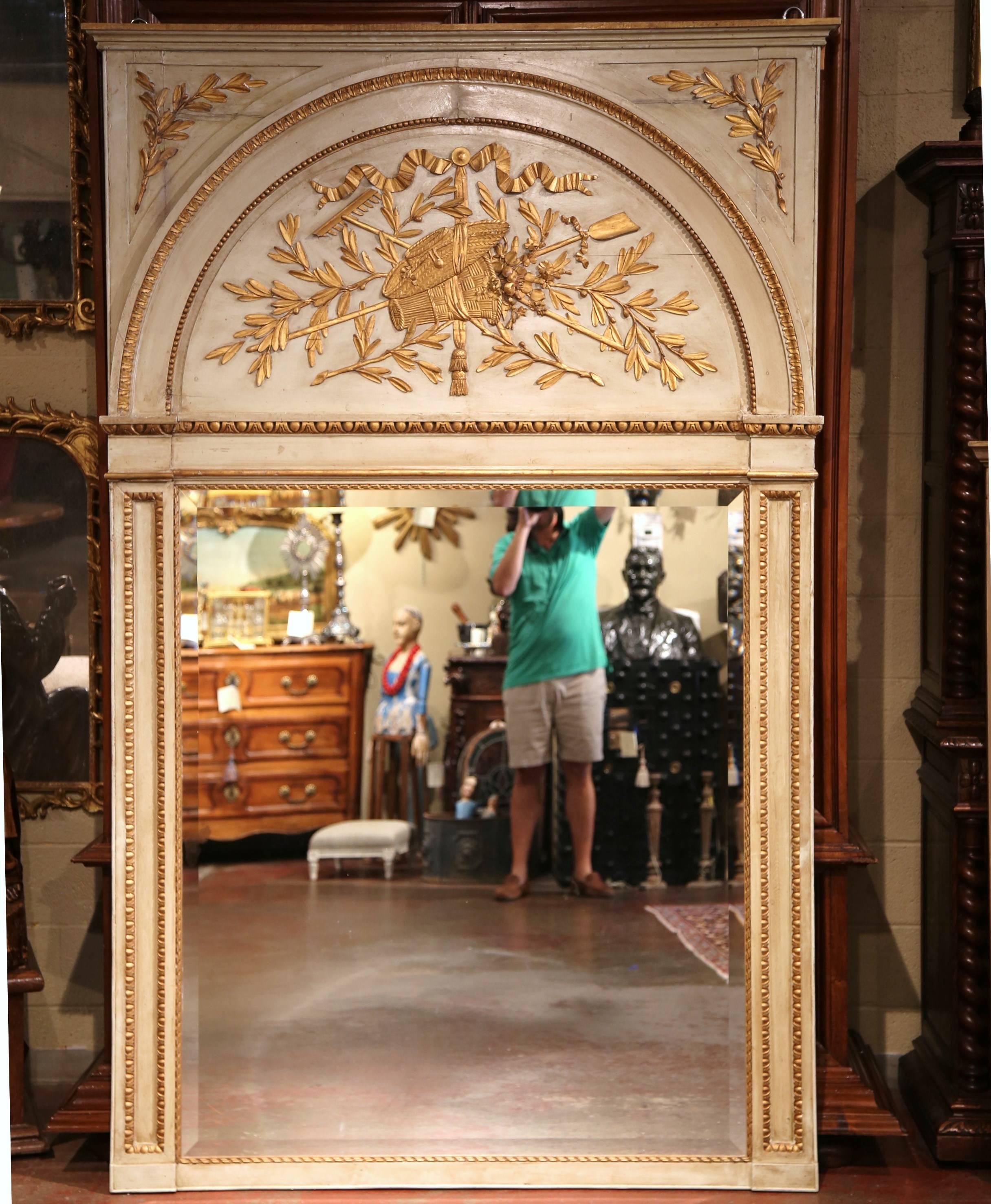 Hand-Carved 19th Century French Carved Painted and Gilt Trumeau Mirror from Provence