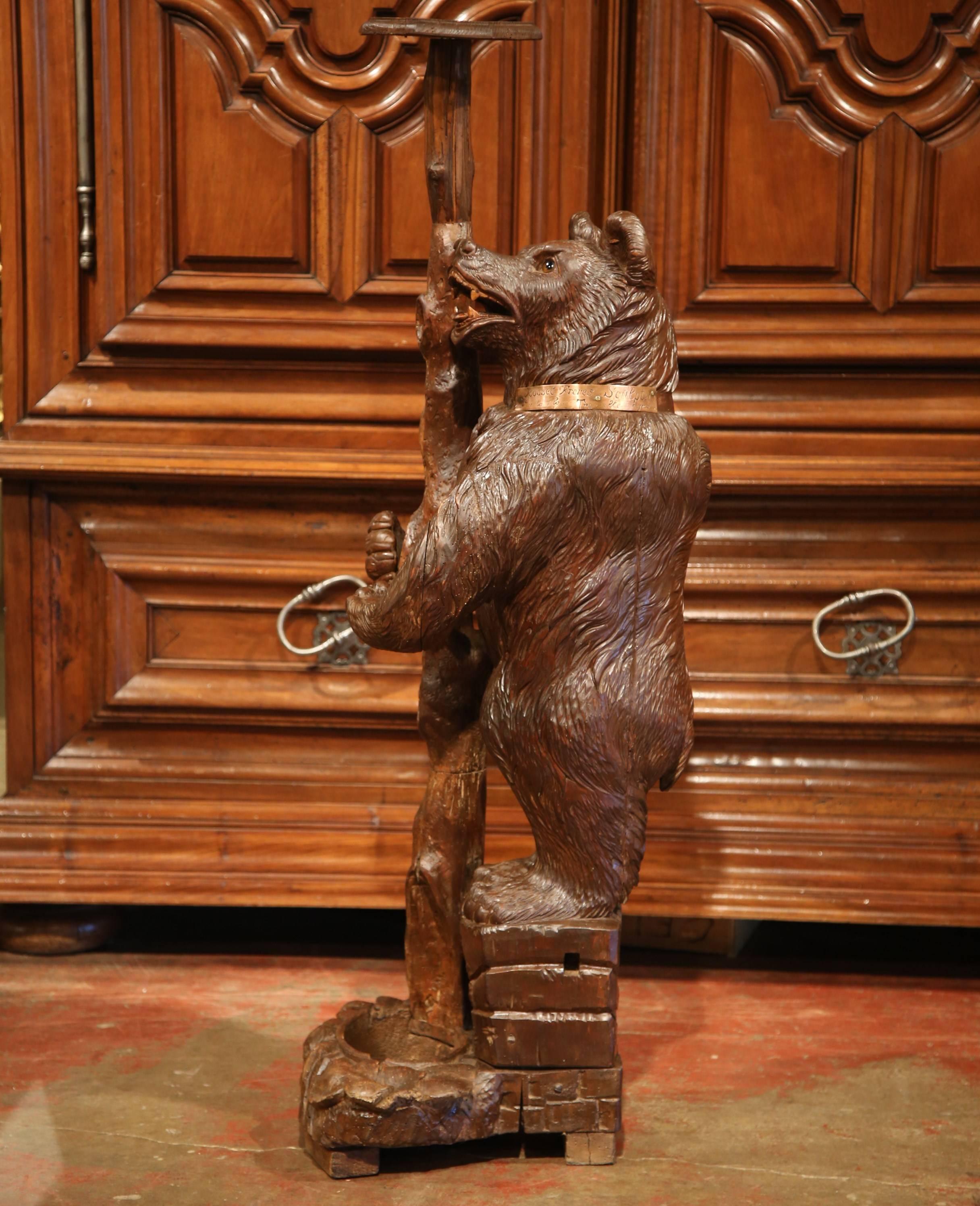 Walnut 19th Century Swiss Black Forest Carved Bear Sculpture Stand with Glass Eyes