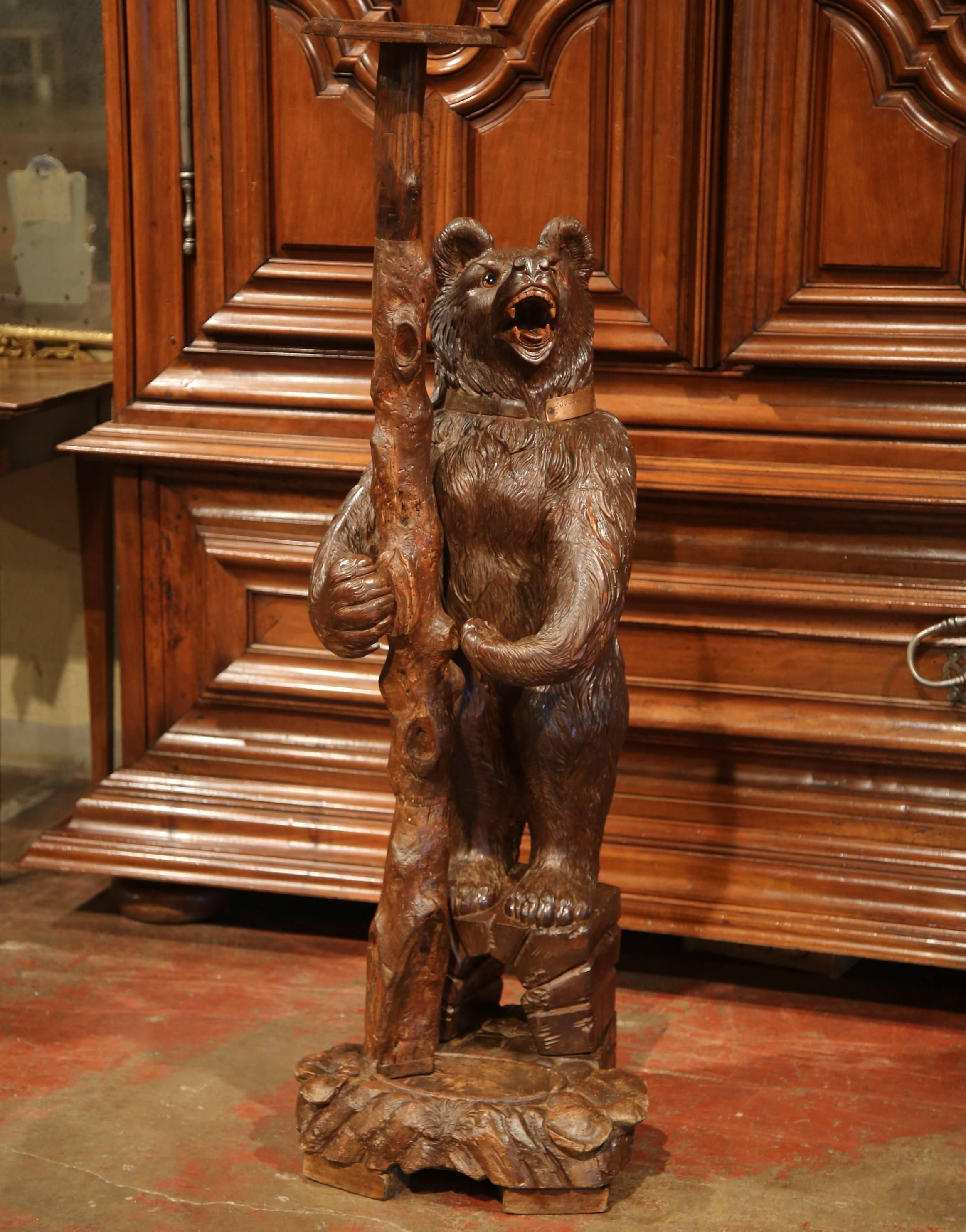 Patinated 19th Century Swiss Black Forest Carved Bear Sculpture Stand with Glass Eyes