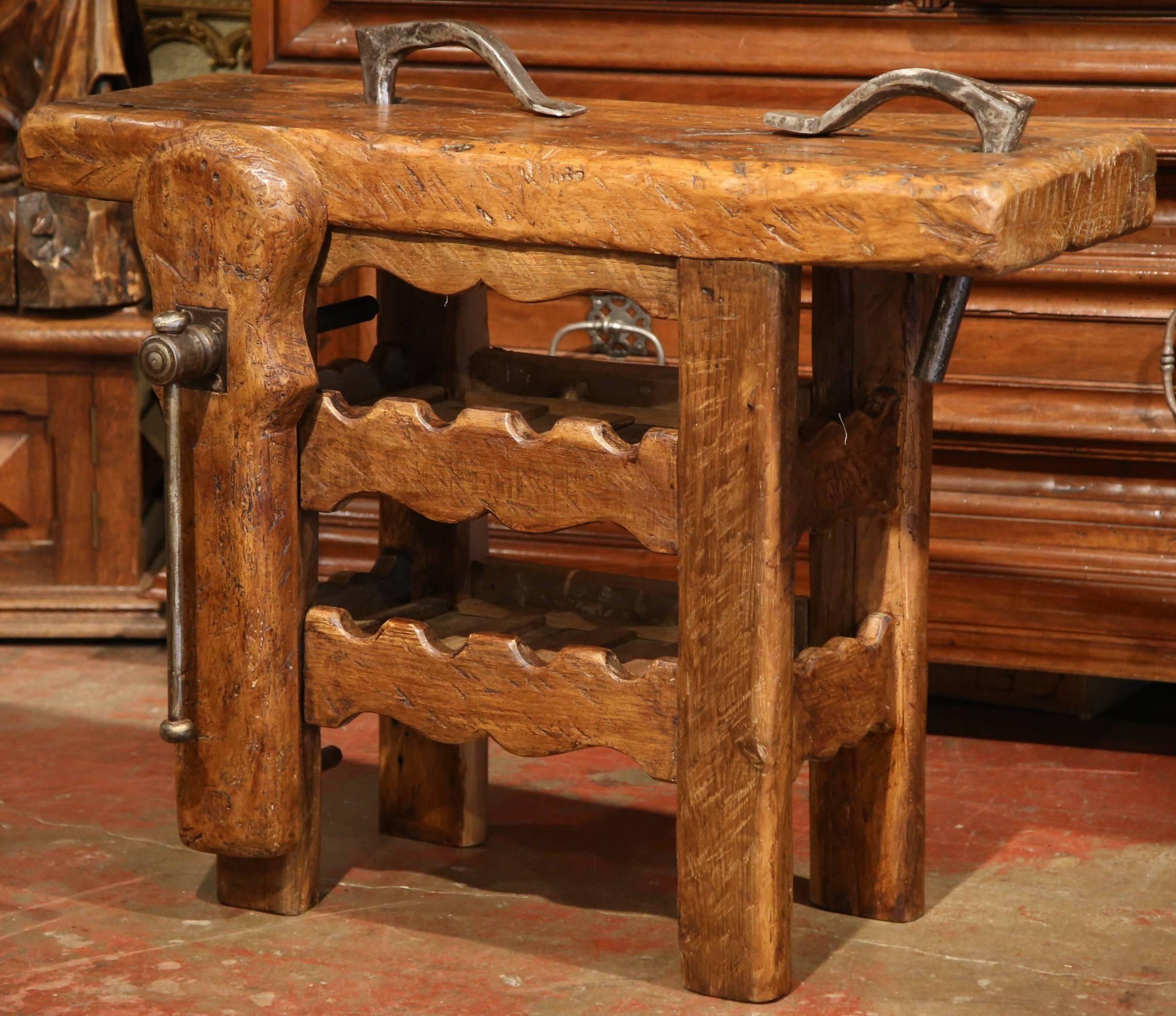 Hand-Carved 19th Century French Carpenter Press Table with Wine Bottle Storage Rack