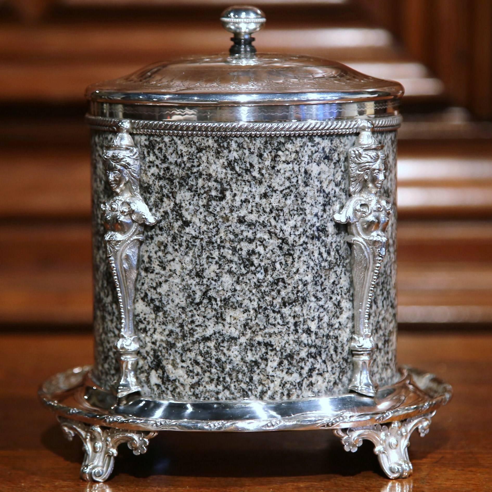 19th Century English Granite and Silver Plated Biscuit Box with Decorative Mount 1