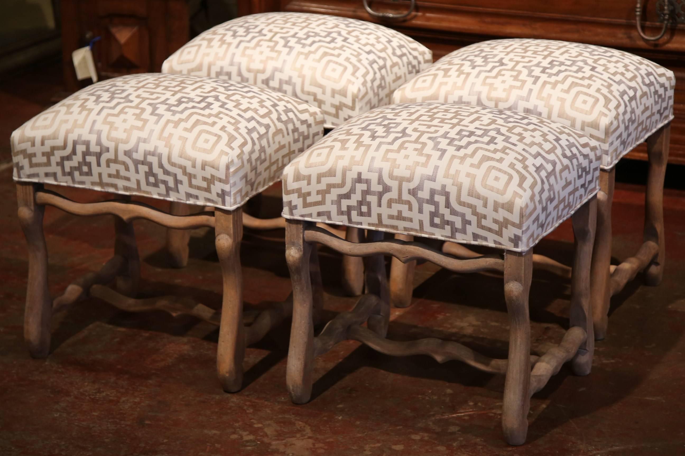 Set of Four 19th Century French Louis XIII Carved Stools with Whitewash Finish In Excellent Condition In Dallas, TX