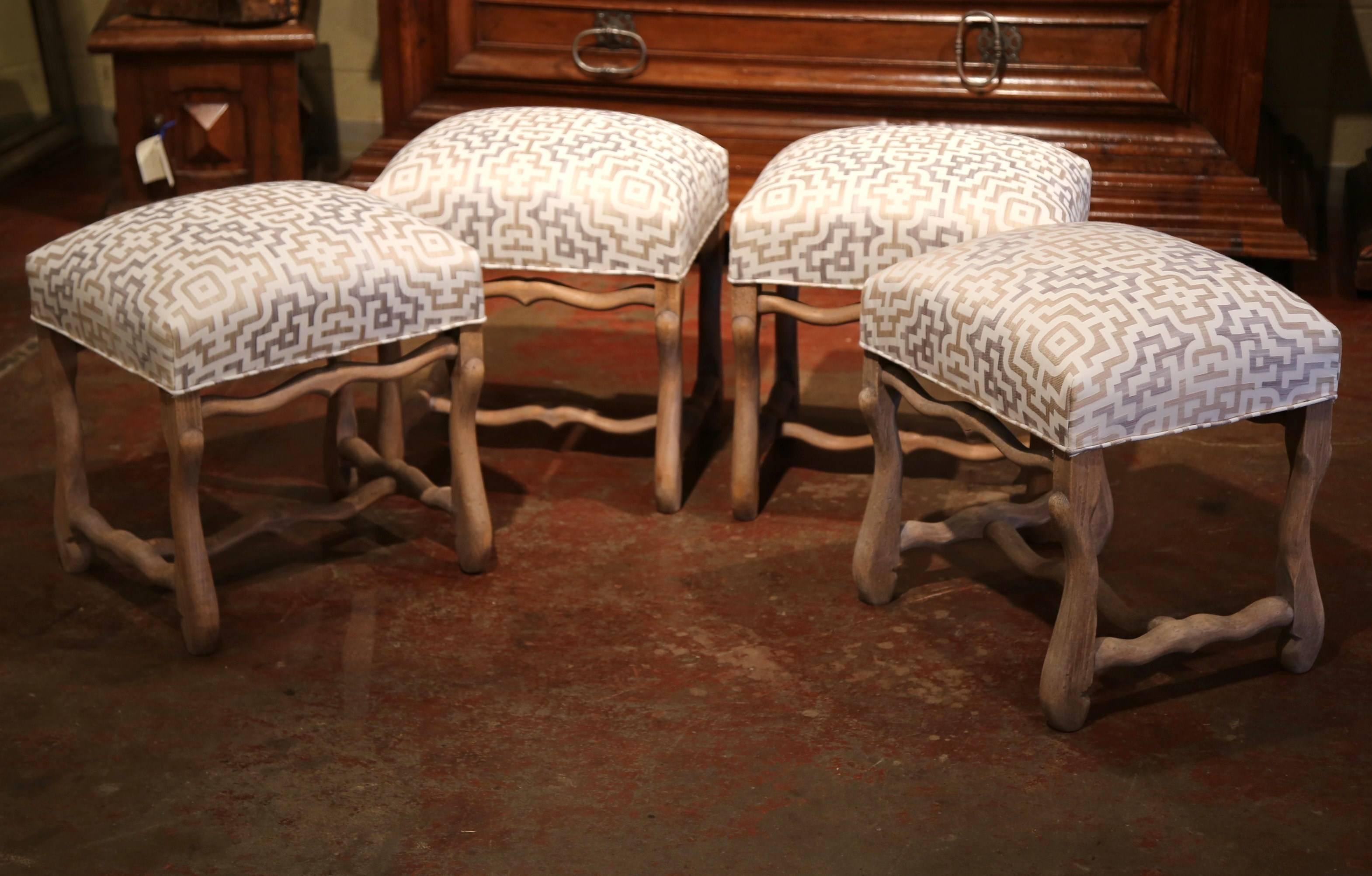 Set of Four 19th Century French Louis XIII Carved Stools with Whitewash Finish 1