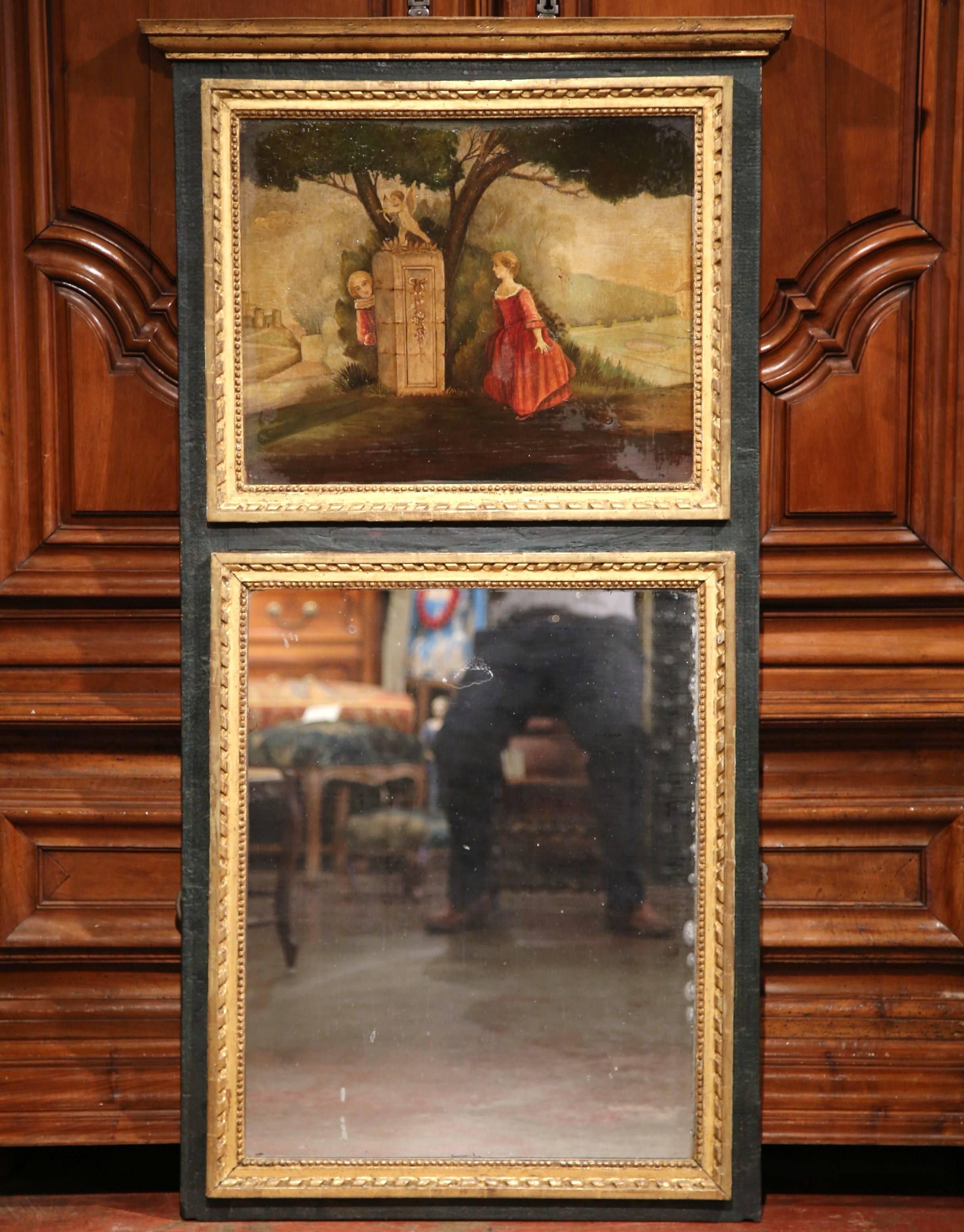 19th Century French Carved Painted and Gilt Trumeau Mirror with Bucolic Scene In Excellent Condition For Sale In Dallas, TX