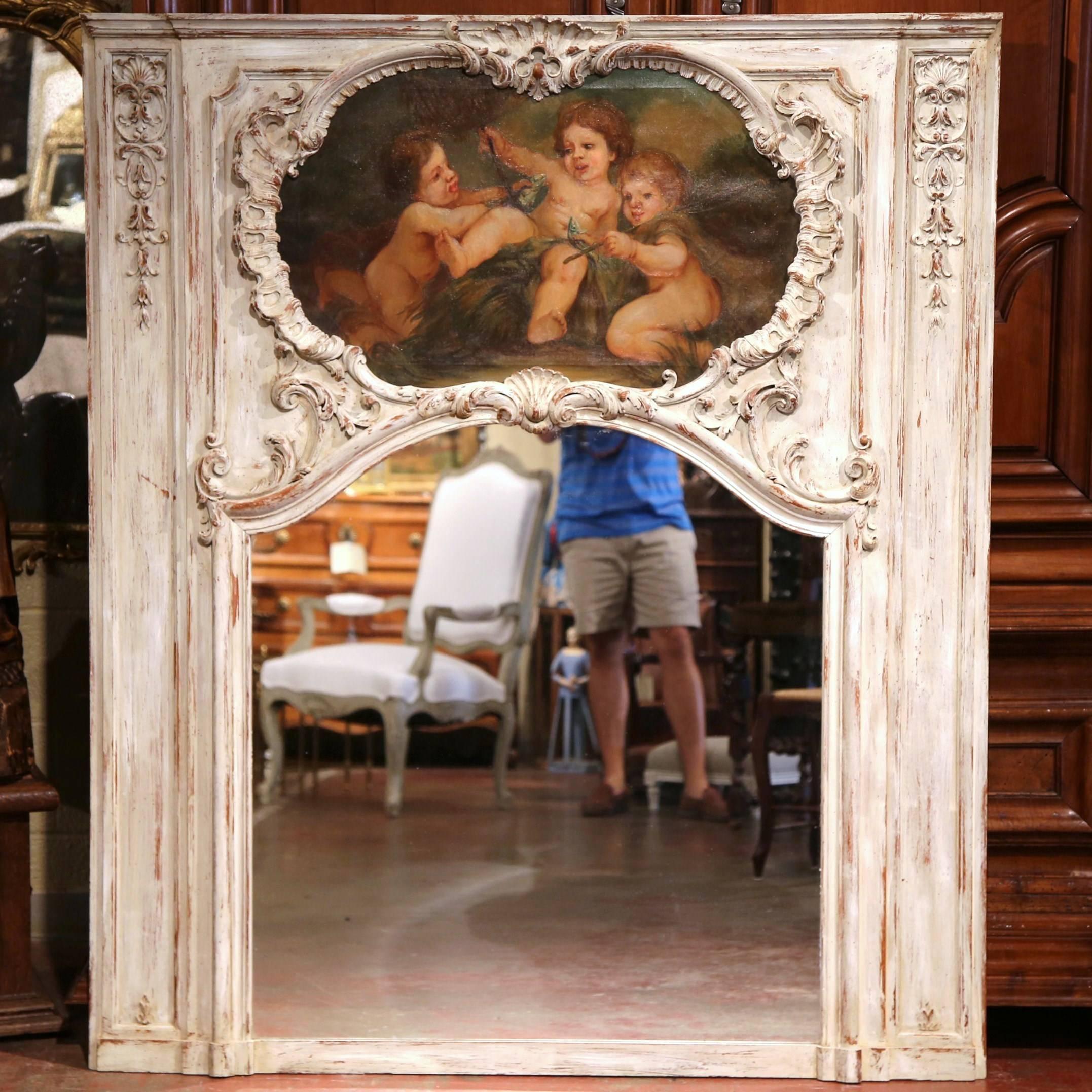 Hand-Carved Mid-19th Century French Regence Carved and Painted Wall Trumeau Mirror