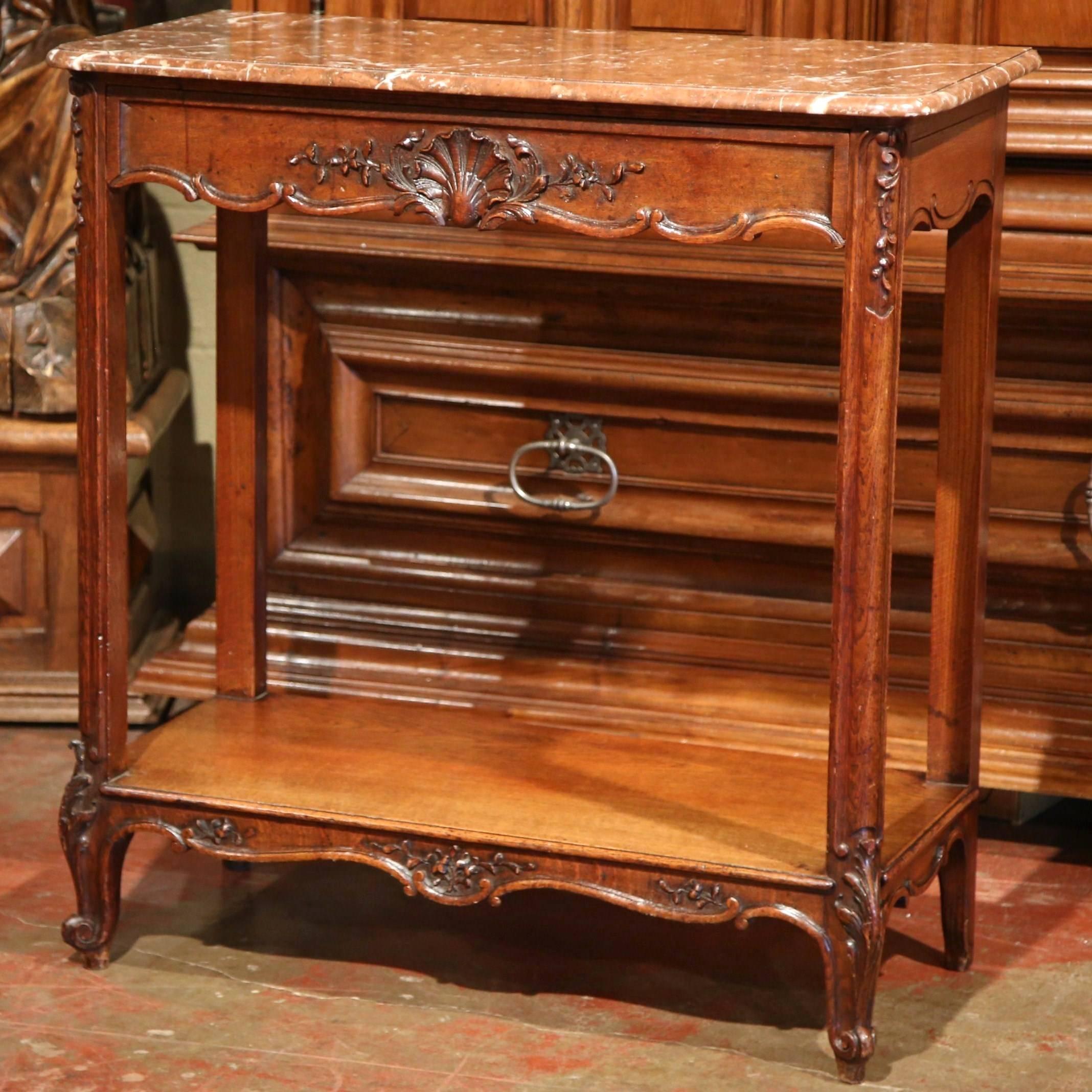 Hand-Carved 19th Century French Carved Oak Two-Tier Console Table with Marble Top