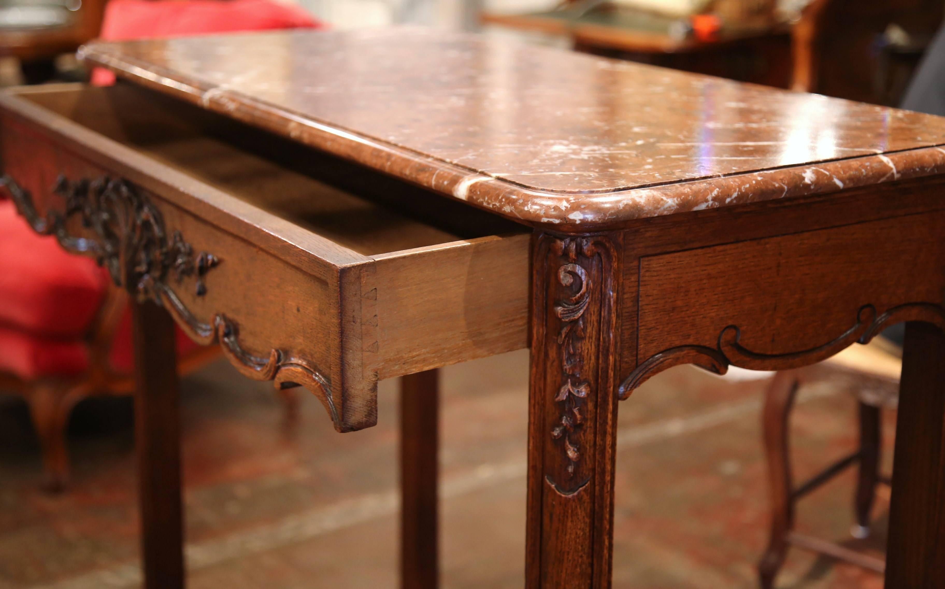 19th Century French Carved Oak Two-Tier Console Table with Marble Top 2