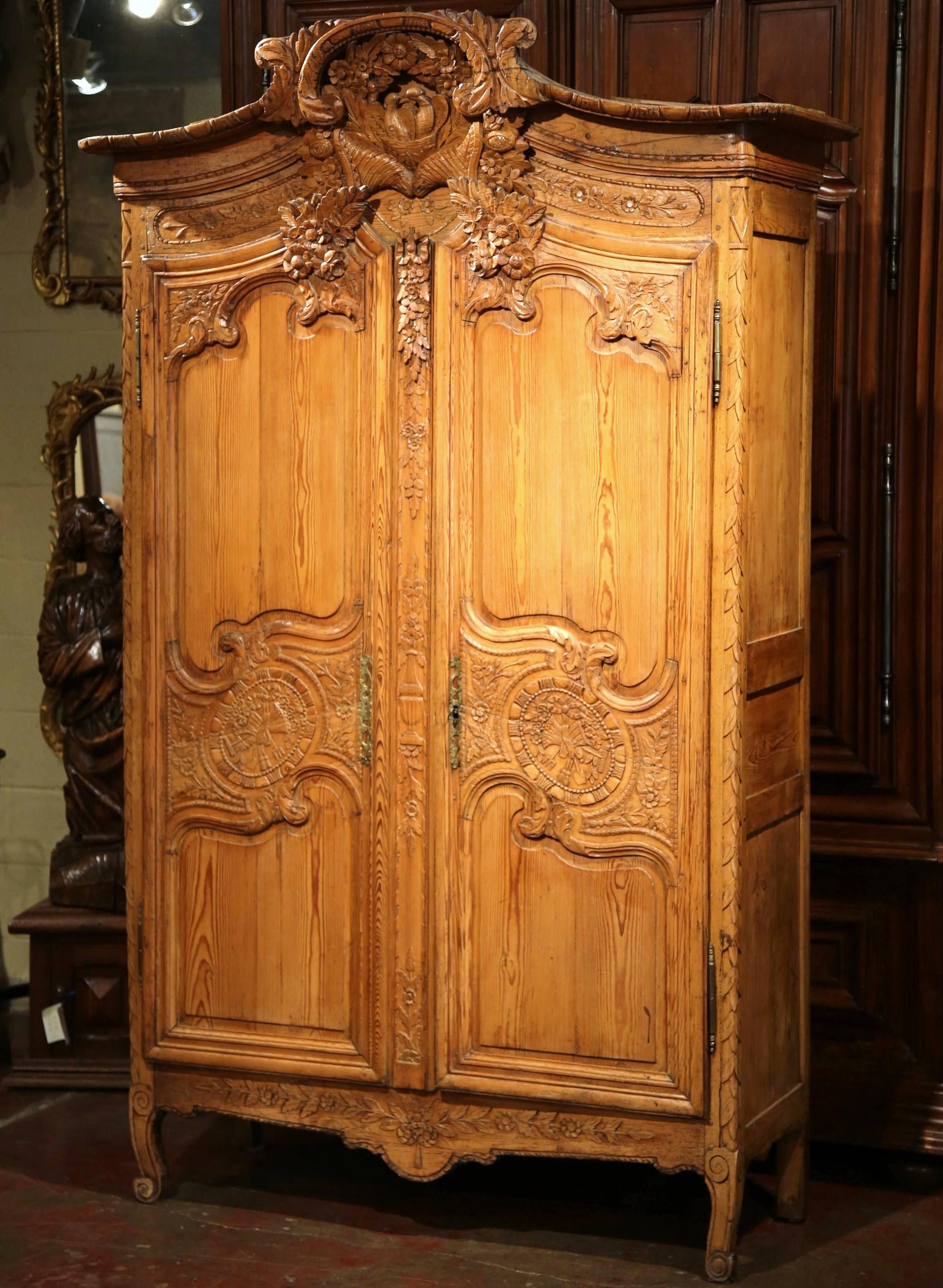 Mid-18th Century French Louis XV Carved Pine Wedding Armoire from Normandy 1