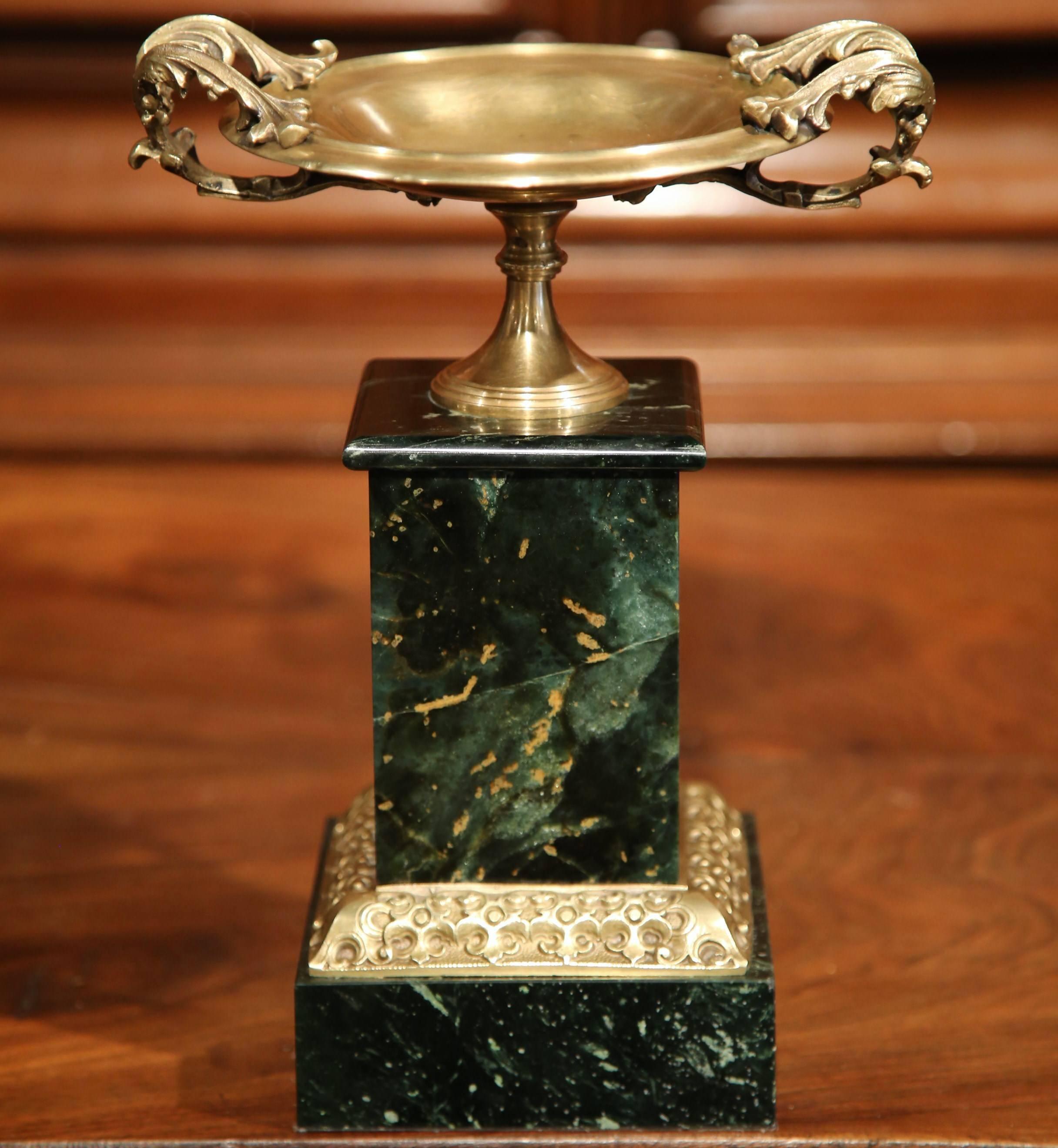 Hand-Carved 19th Century French Patinated Brass Vide-Poche Tray on Green Marble Base