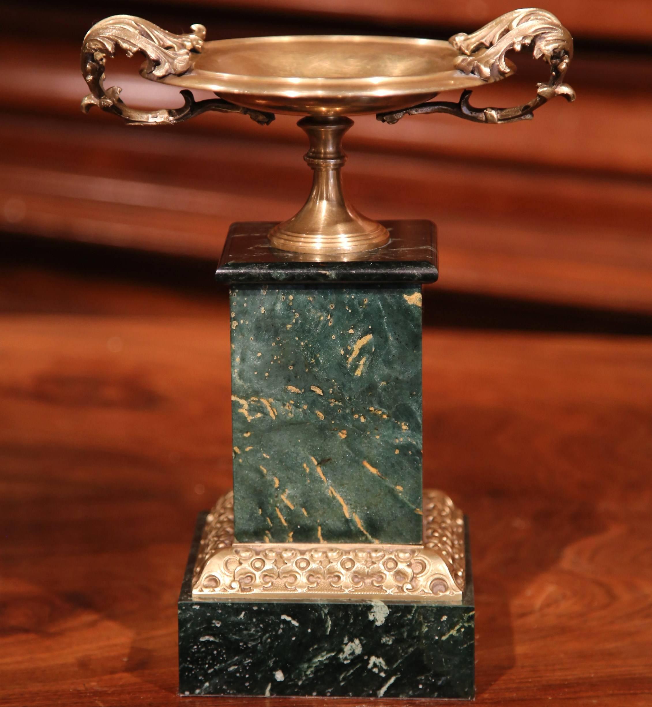 19th Century French Patinated Brass Vide-Poche Tray on Green Marble Base 1