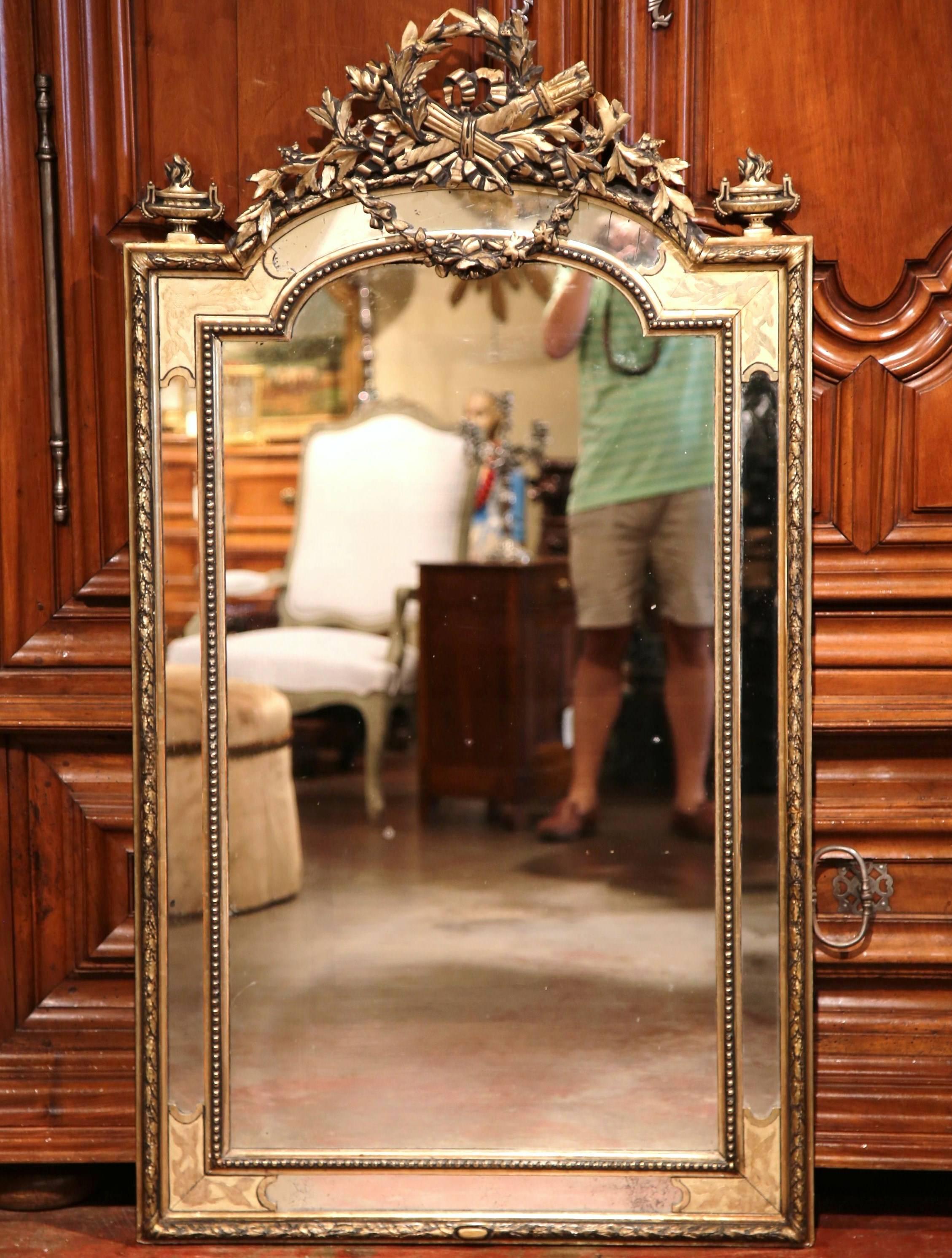 Hand-Carved 19th Century French Louis XVI Carved Giltwood and Silvered Overlay Wall Mirror