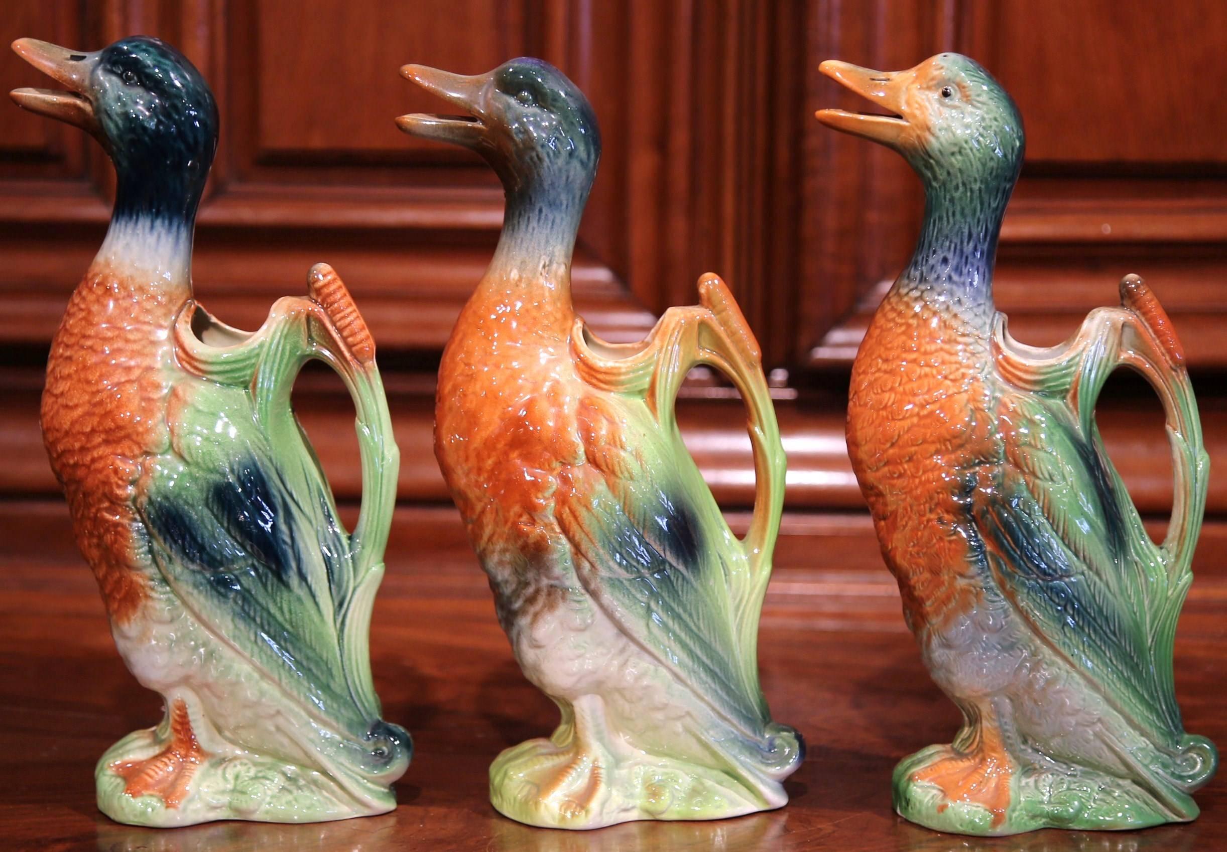 Early 20th Century French Painted Barbotine Duck Sculpture Pitchers, Set of 3 1
