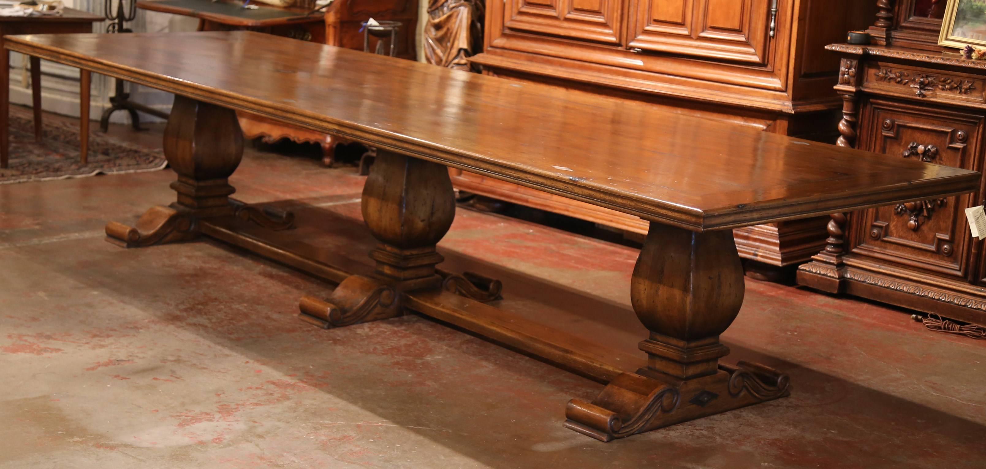 Contemporary Large French Louis XIII Style Walnut Trestle Farm Table with Three Carved Legs