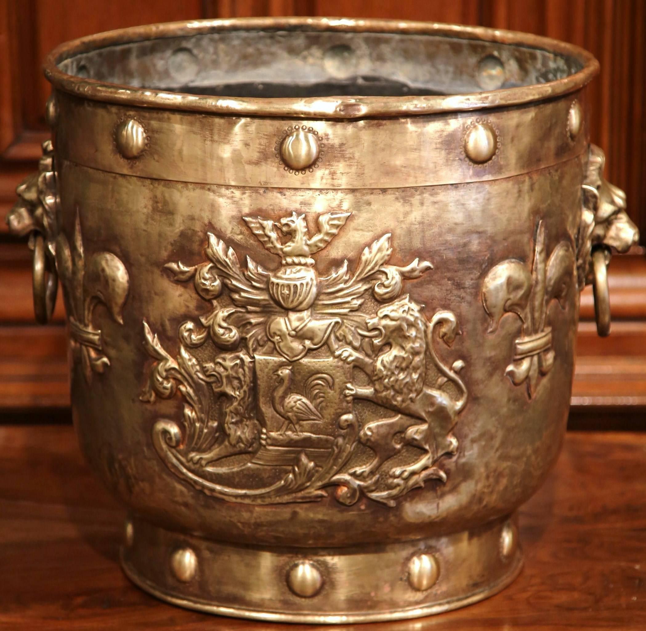 Large 19th Century French Brass Bucket with Repousse Motifs and Fleur-de-Lys 2