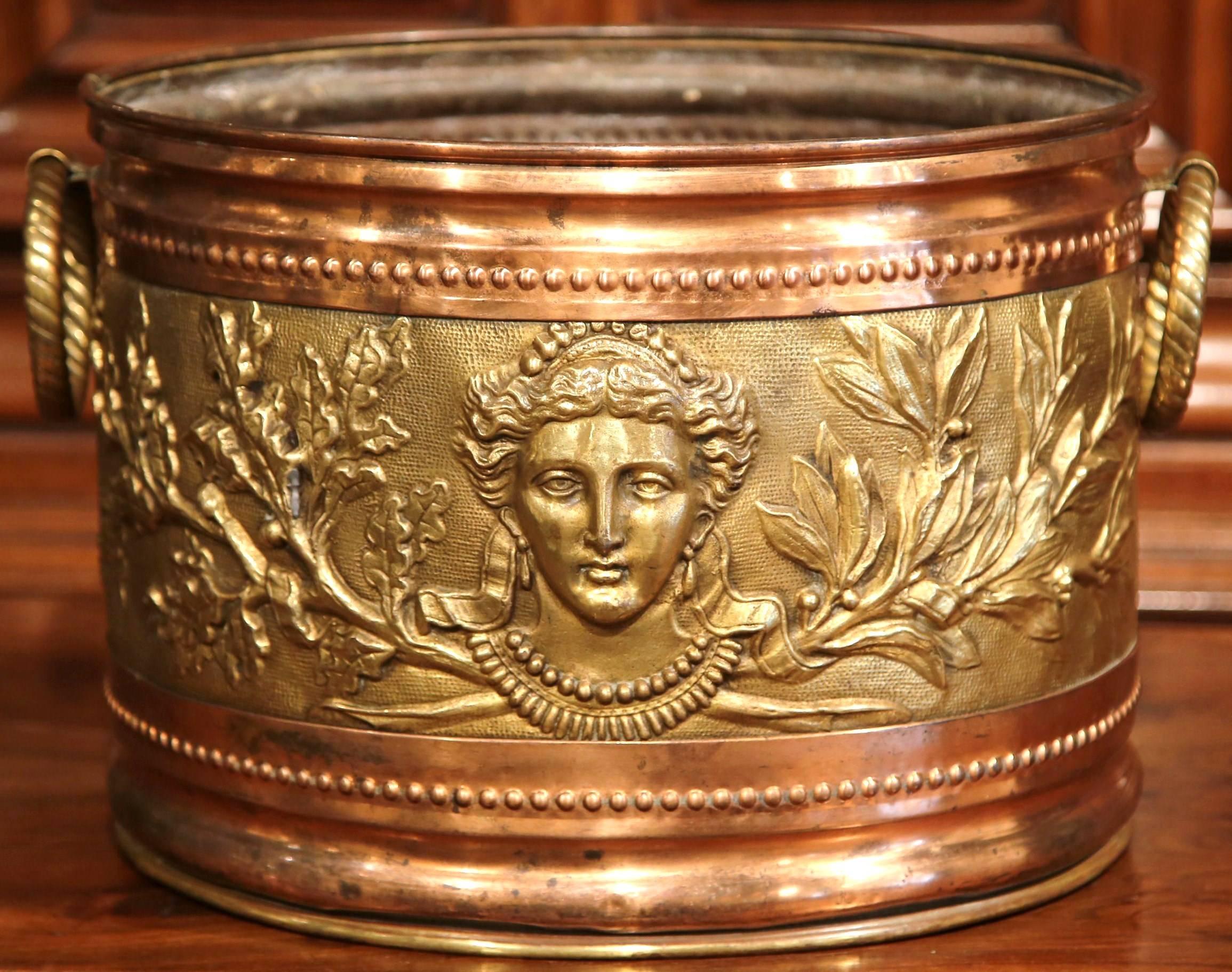 Hand-Crafted 19th Century French Copper and Brass Circular Basket with Repoussé Decor