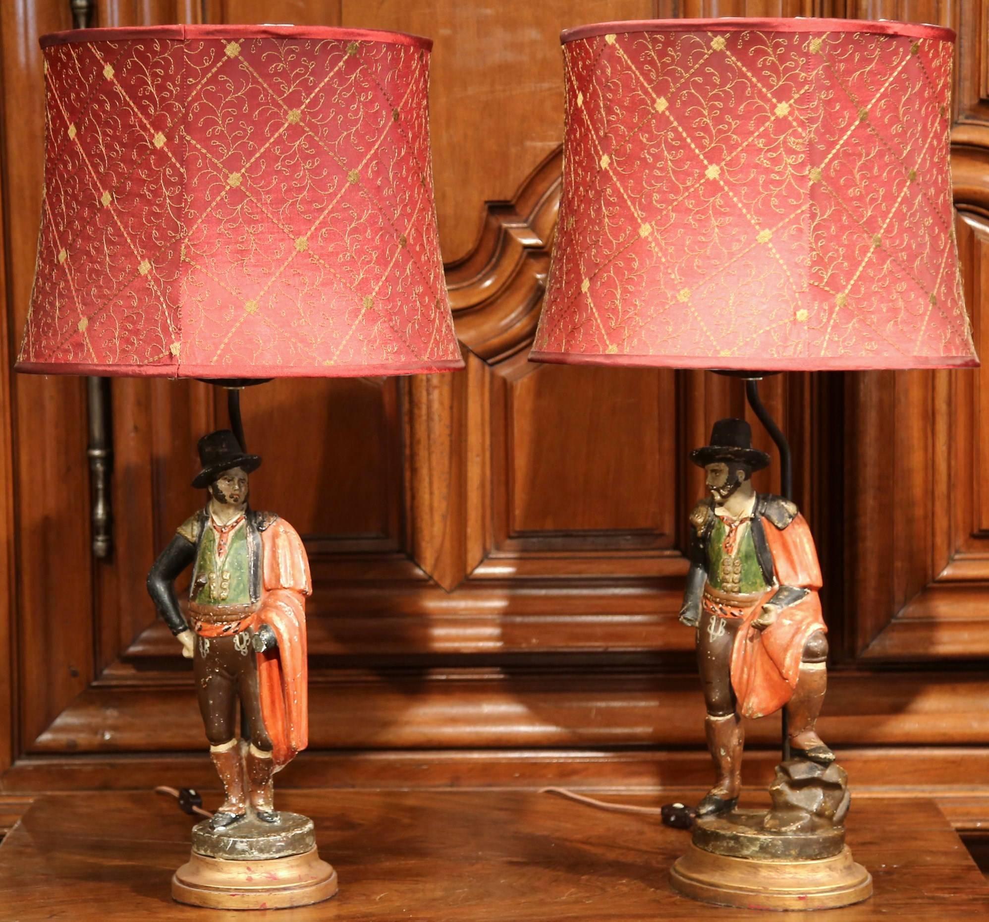 Pair of 19th Century Spanish Carved Polychrome Matadors Sculpture Table Lamps 1