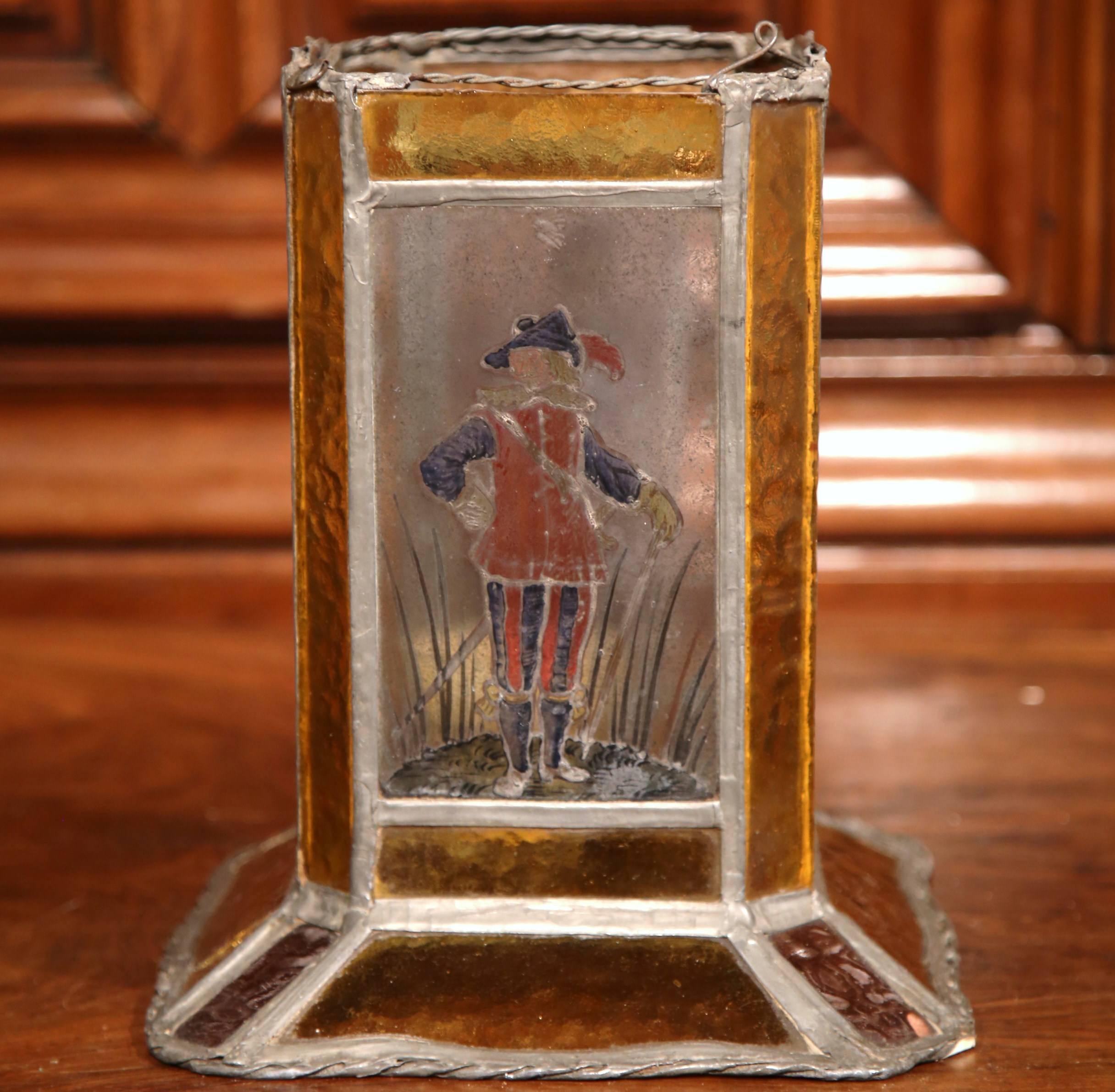 19th Century French Stain Glass Lantern with Four Hand-Painted Musketeers In Good Condition In Dallas, TX