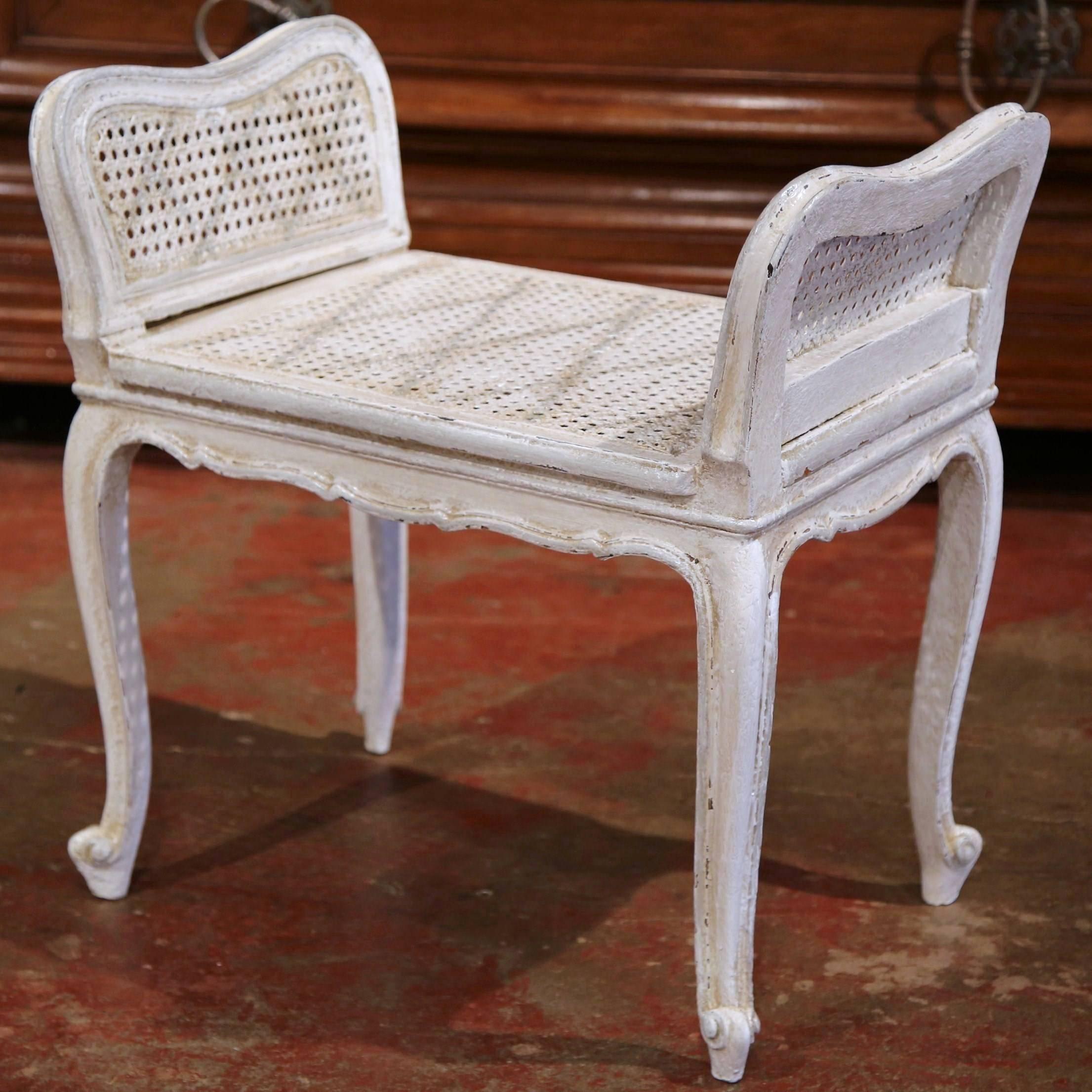 Hand-Carved Early 20th Century French Louis XV Carved Painted Bench with Cane Seating