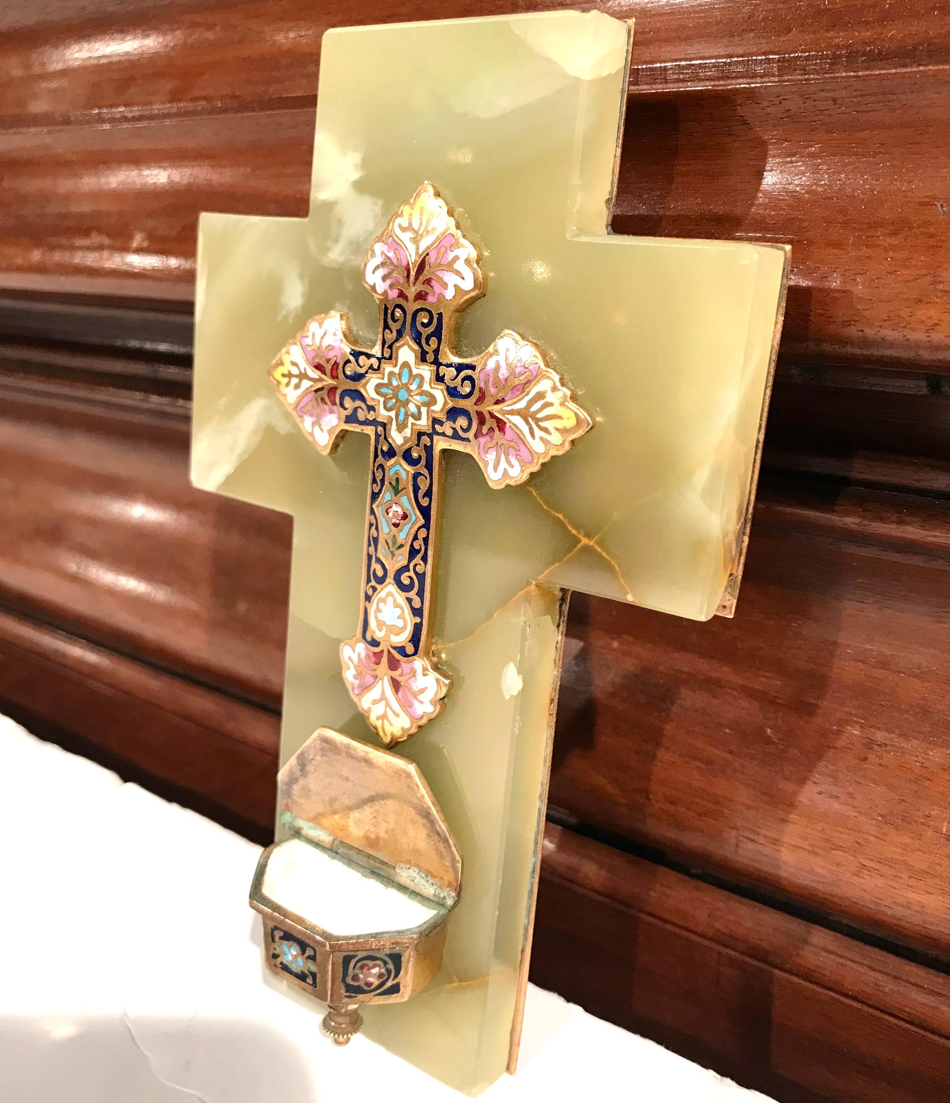 Brass 19th Century French Green Marble Cross and Holy Water with Cloisonné Technique