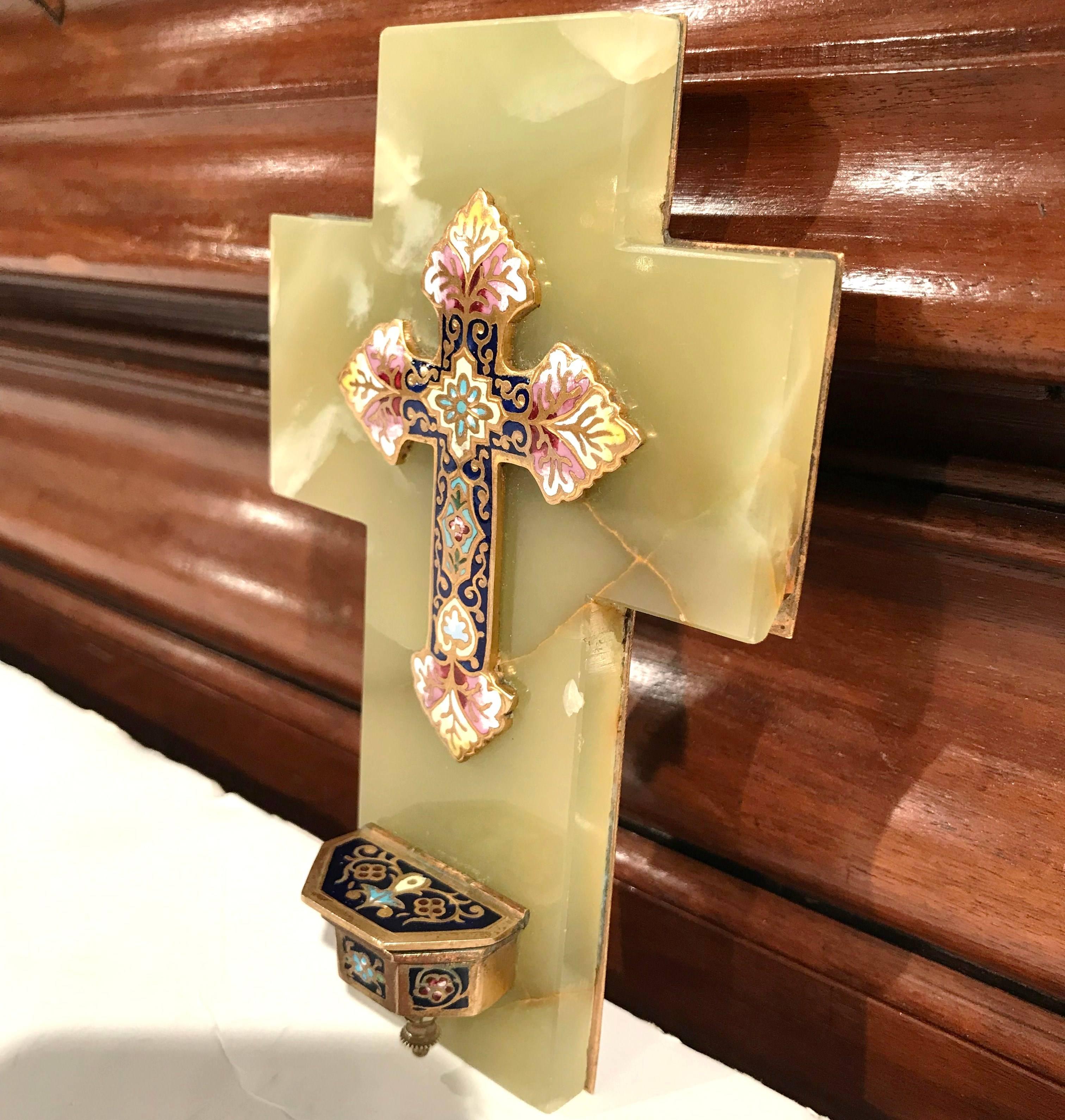 19th Century French Green Marble Cross and Holy Water with Cloisonné Technique In Good Condition In Dallas, TX