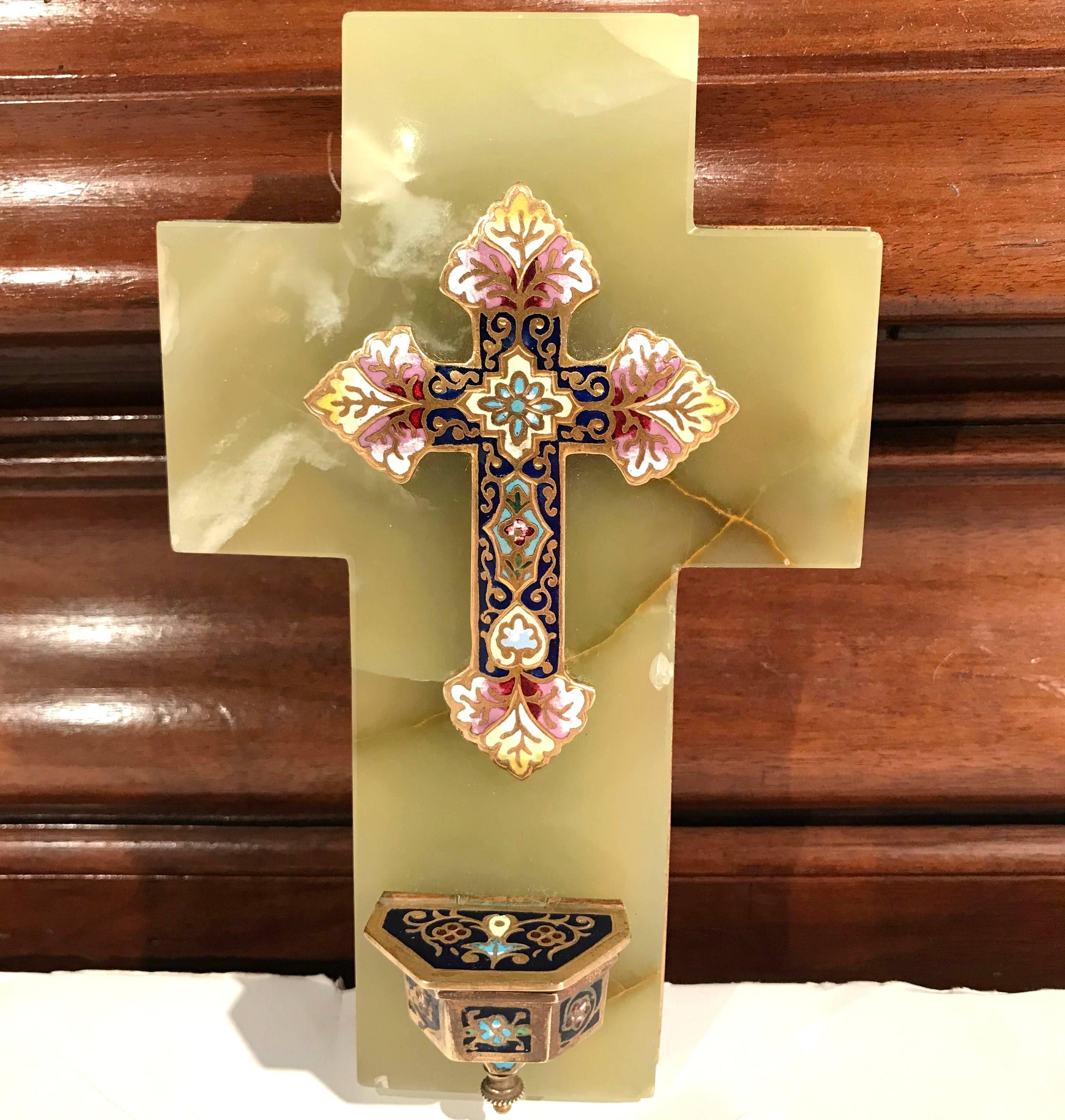 Cloissoné 19th Century French Green Marble Cross and Holy Water with Cloisonné Technique
