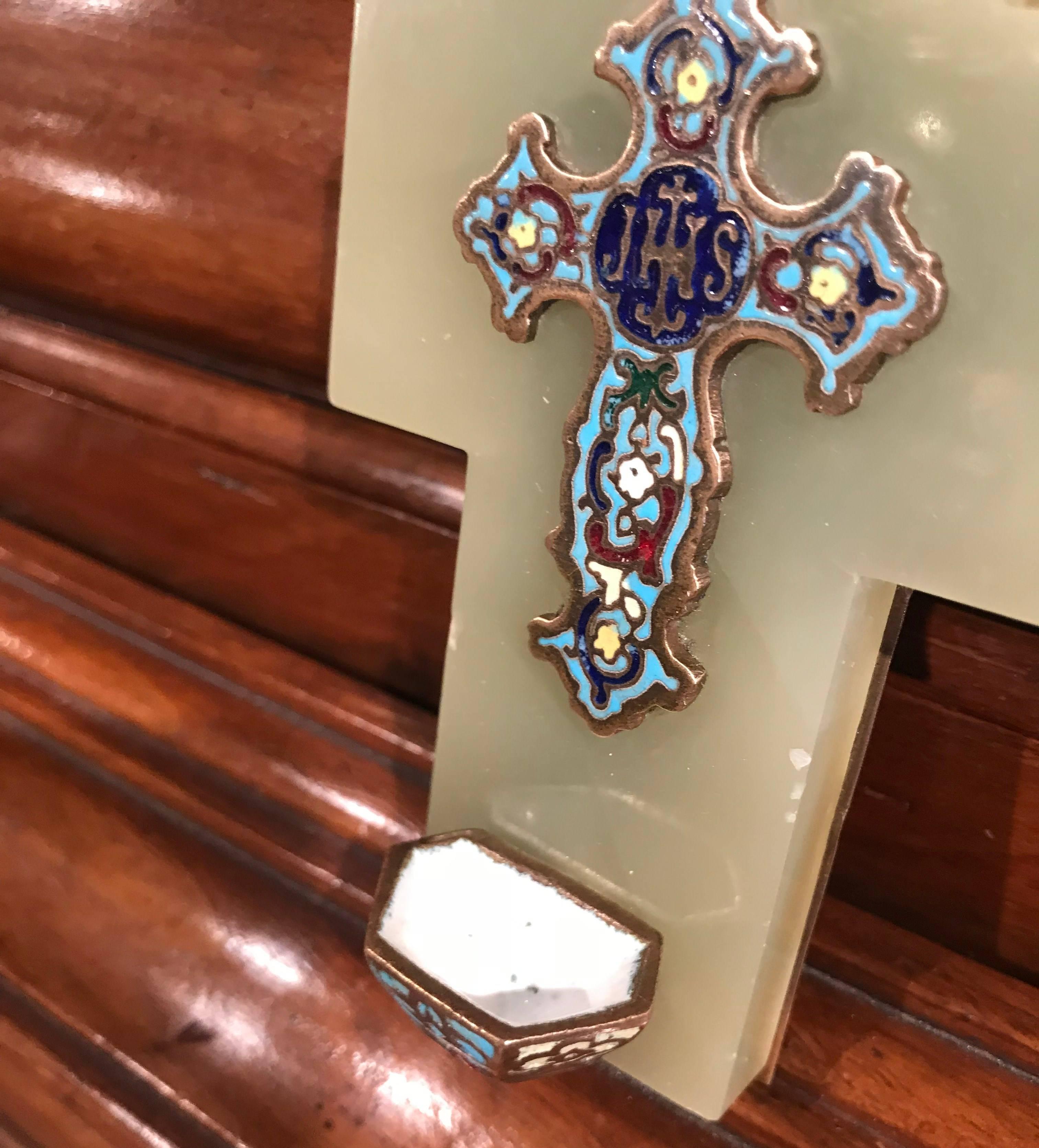 Brass 19th Century French Green Marble Cross and Holy Water with Cloisonné Technique For Sale