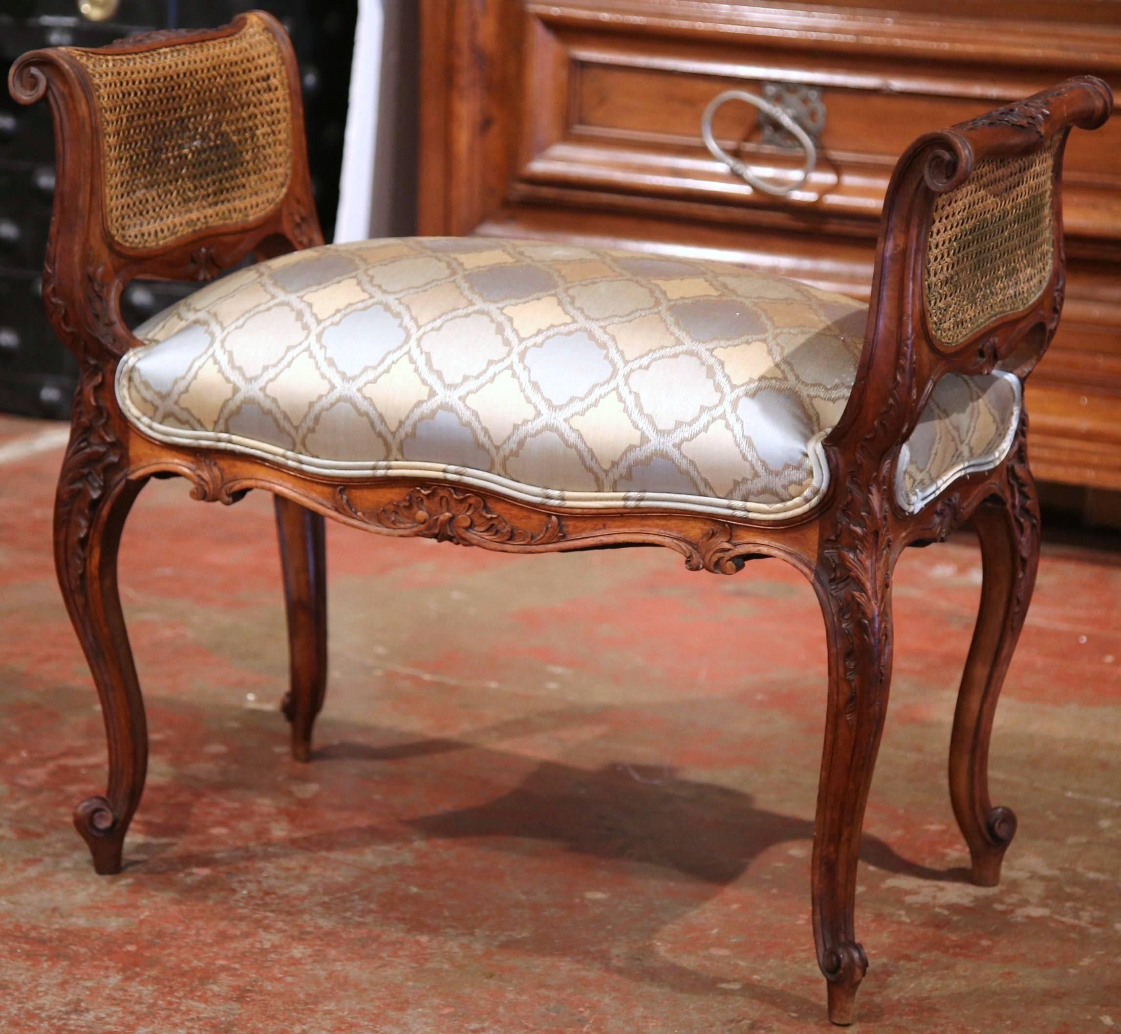 Patinated 19th Century French Louis XV Carved Walnut and Cane Piano Bench with Silk Fabric