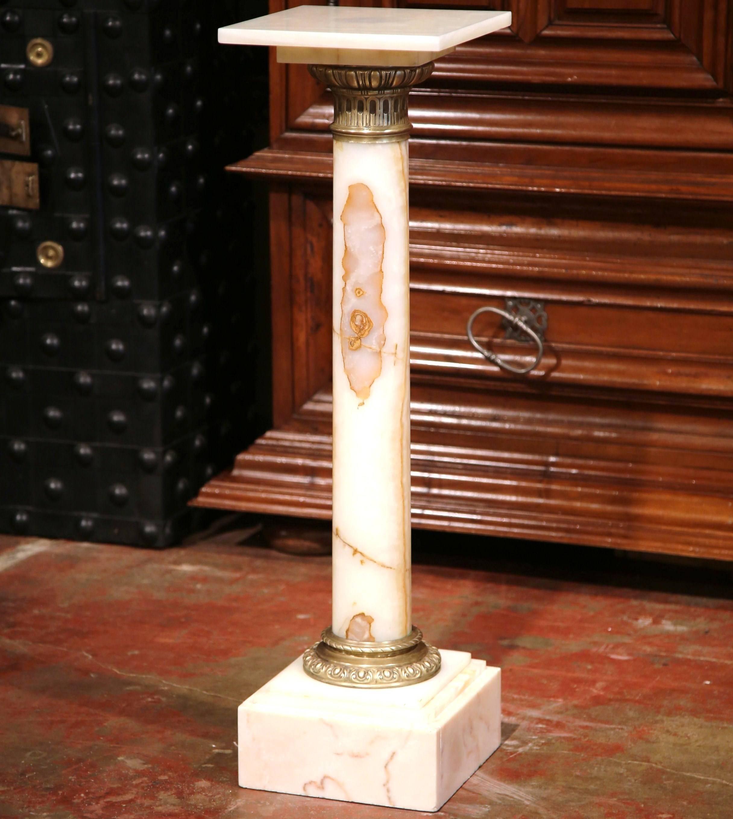 19th Century French White Marble Pedestal with Brass Rings and Square Top 2